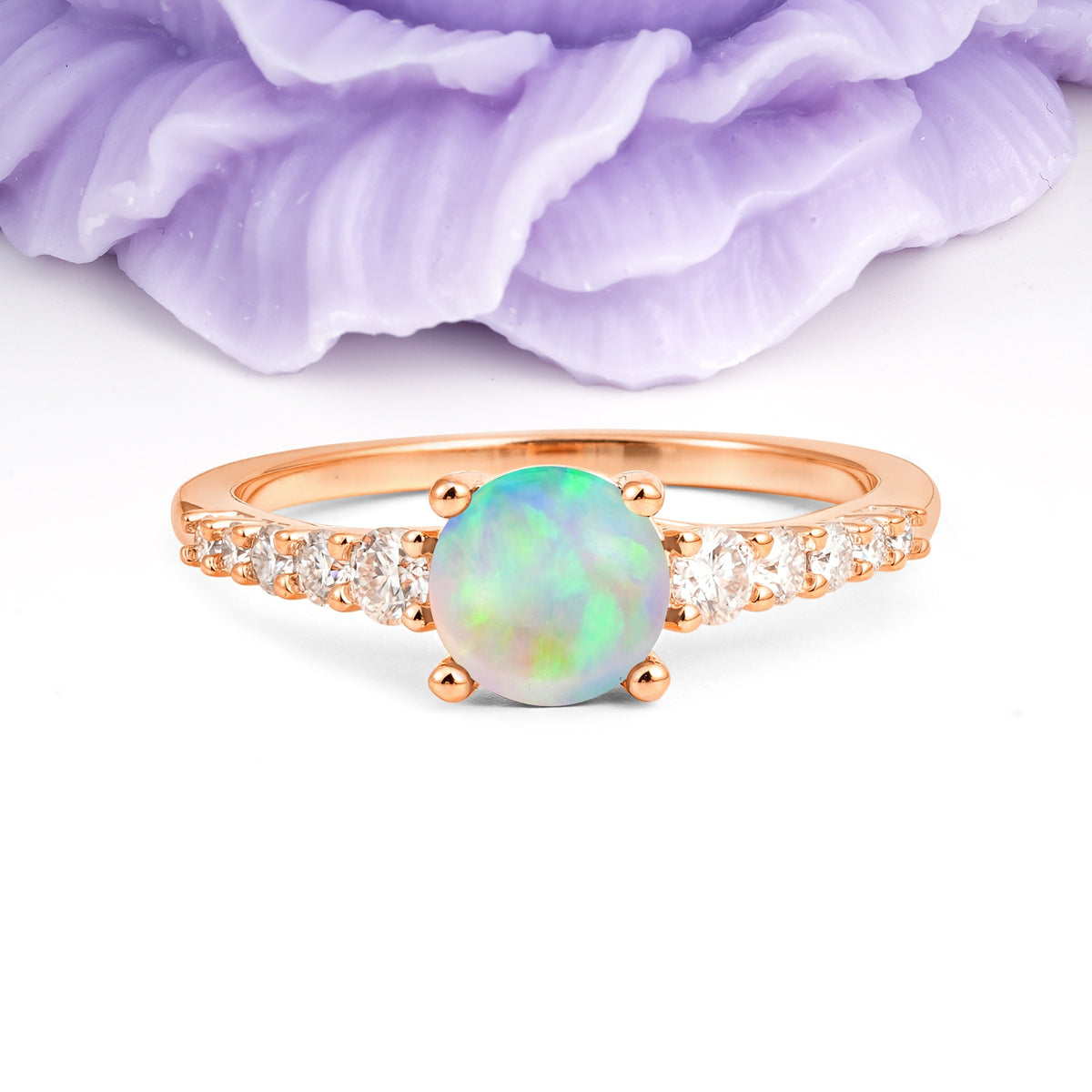 Classic Pavé-Set Ring: Simple 4-Prong Round Cut Fire Opal Engagement Ring - Additional view