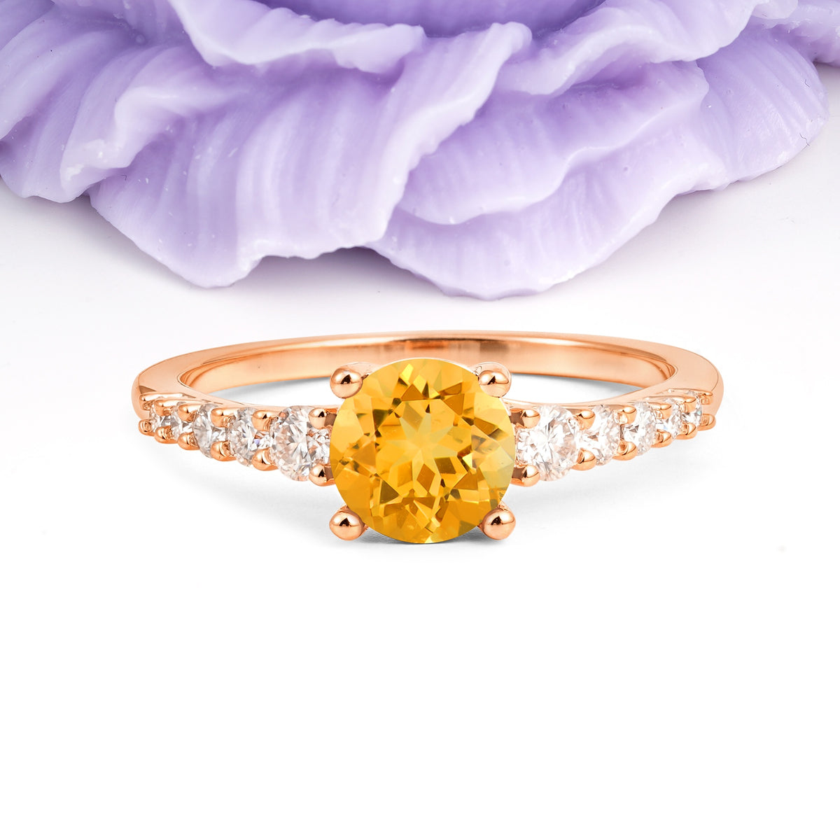 Classic Pavé-Set Ring: Simple 4-Prong Round Cut Citrine Engagement Ring - Additional view
