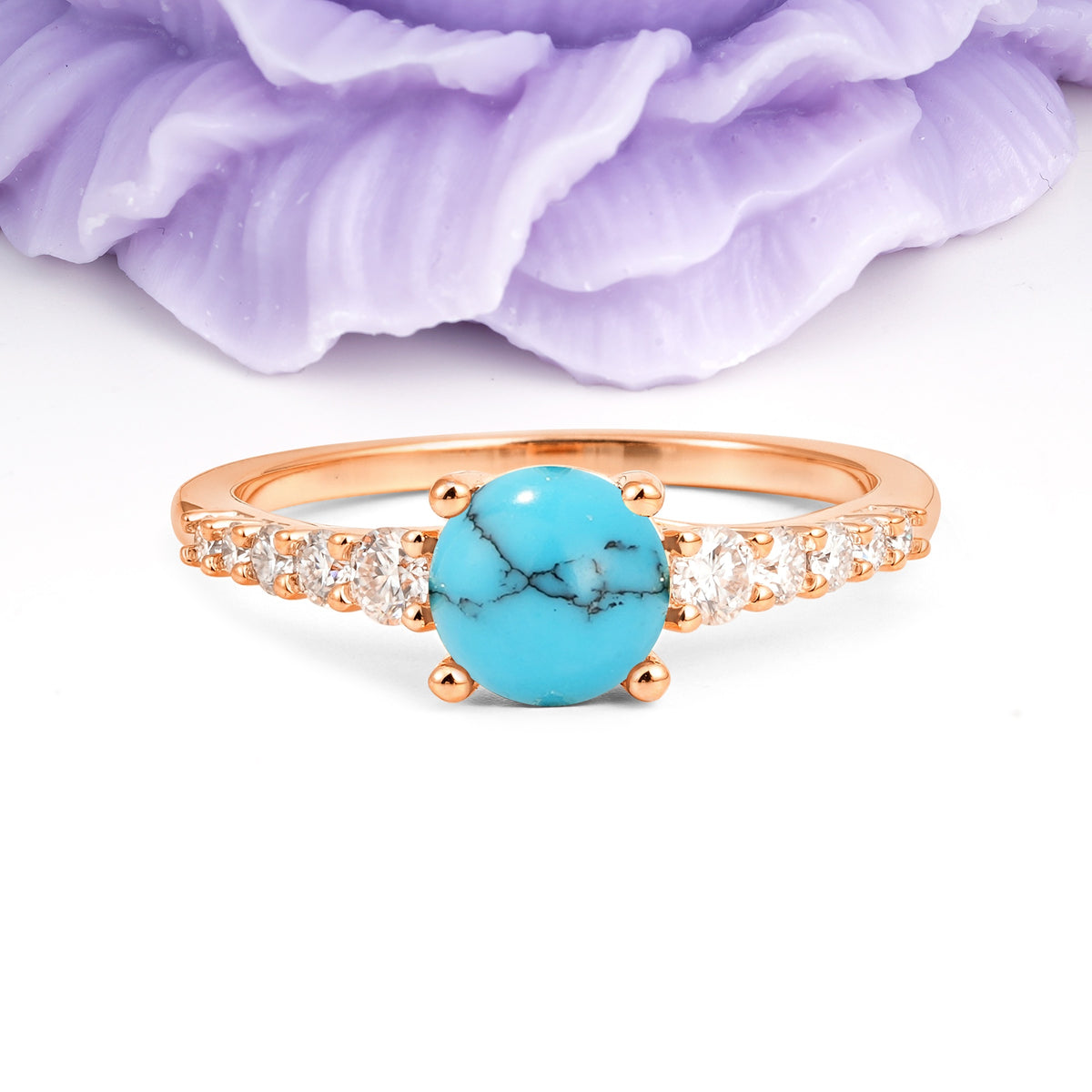 Classic Pavé-Set Ring: Simple 4-Prong Round Cut Turquoise Engagement Ring - Additional view