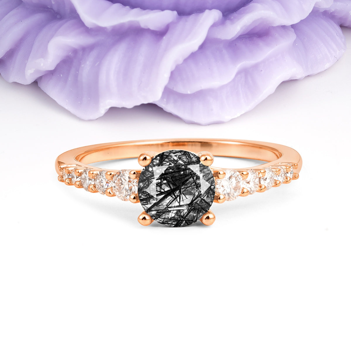 Classic Pavé-Set Ring: Simple 4-Prong Round Cut Black Rutilated Quartz Engagement Ring - Additional view