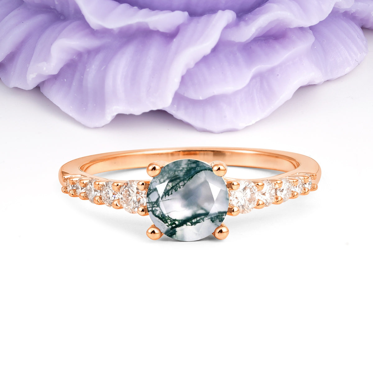 Classic Pavé-Set Ring: Simple 4-Prong Round Cut Moss Agate Engagement Ring - Additional view