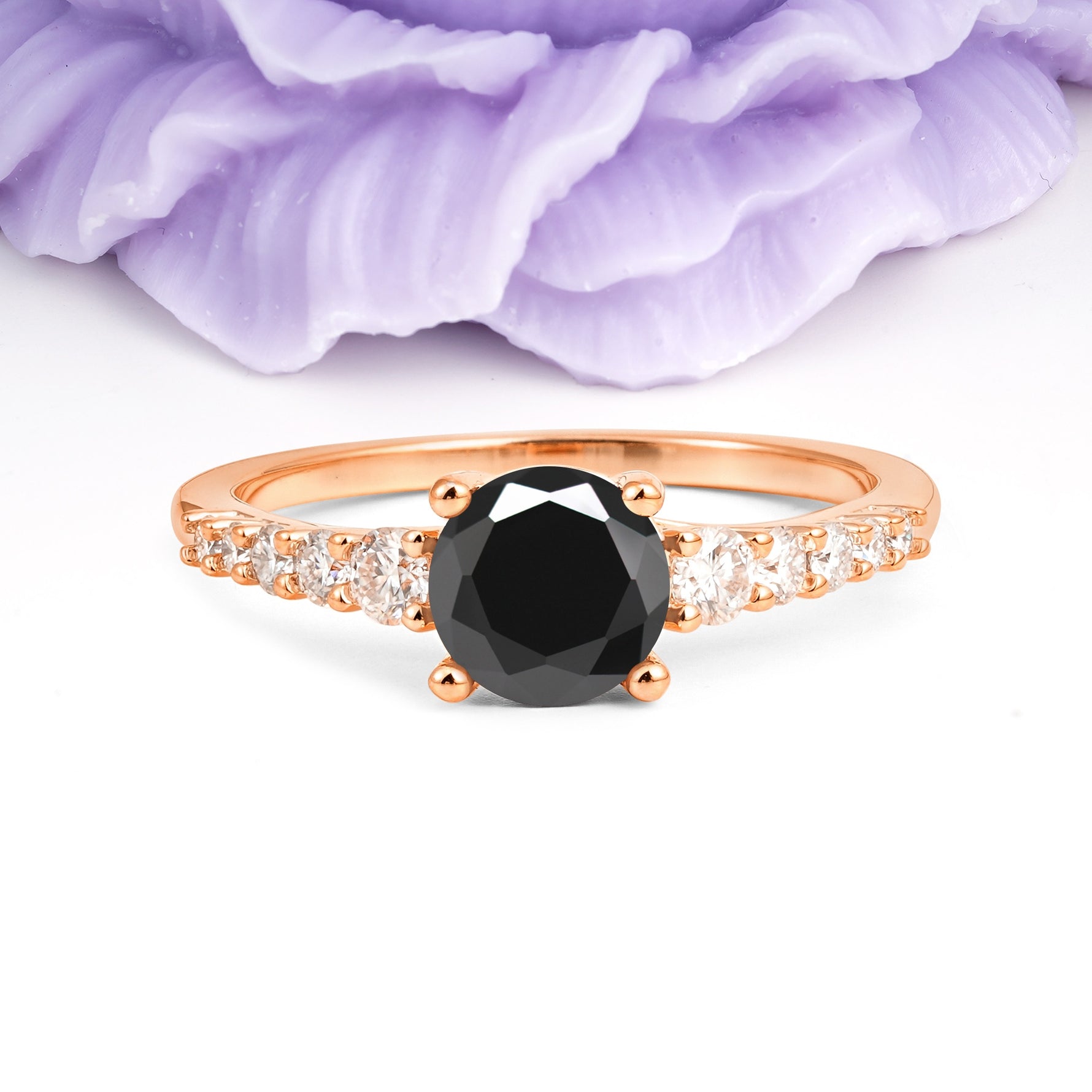 Classic Pavé-Set Ring: Simple 4-Prong Round Cut Black Onyx Engagement Ring - Additional view