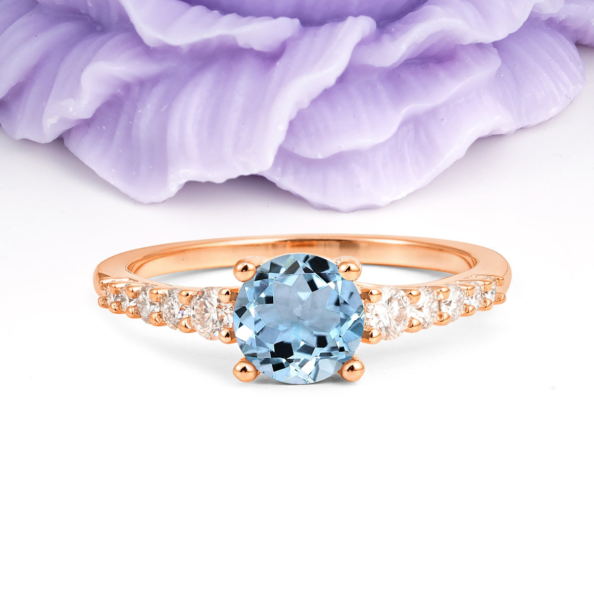 Classic Pavé-Set Ring: Simple 4-Prong Round Cut Aquamarine Engagement Ring - Additional view