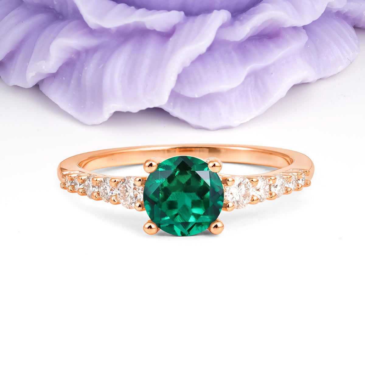 Classic Pavé-Set Ring: Simple 4-Prong Round Cut Emerald Engagement Ring - Additional view