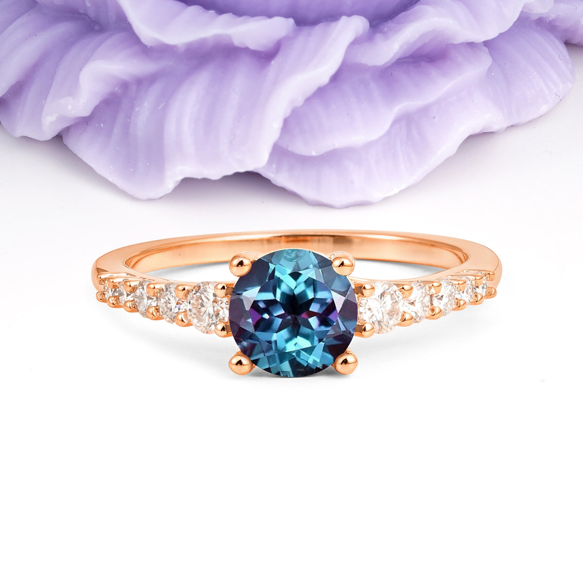 Classic Pavé-Set Ring: Simple 4-Prong Round Cut Alexandrite Engagement Ring - Additional view