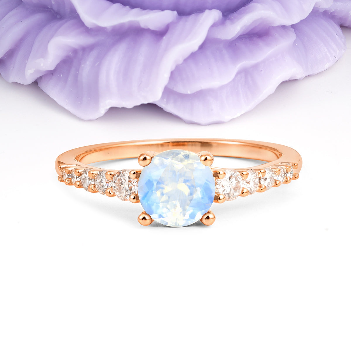 Classic Pavé-Set Ring: Simple 4-Prong Round Cut Moonstone Engagement Ring - Additional view
