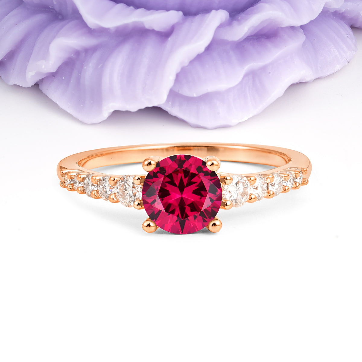 Classic Pavé-Set Ring: Simple 4-Prong Round Cut Ruby Engagement Ring - Additional view