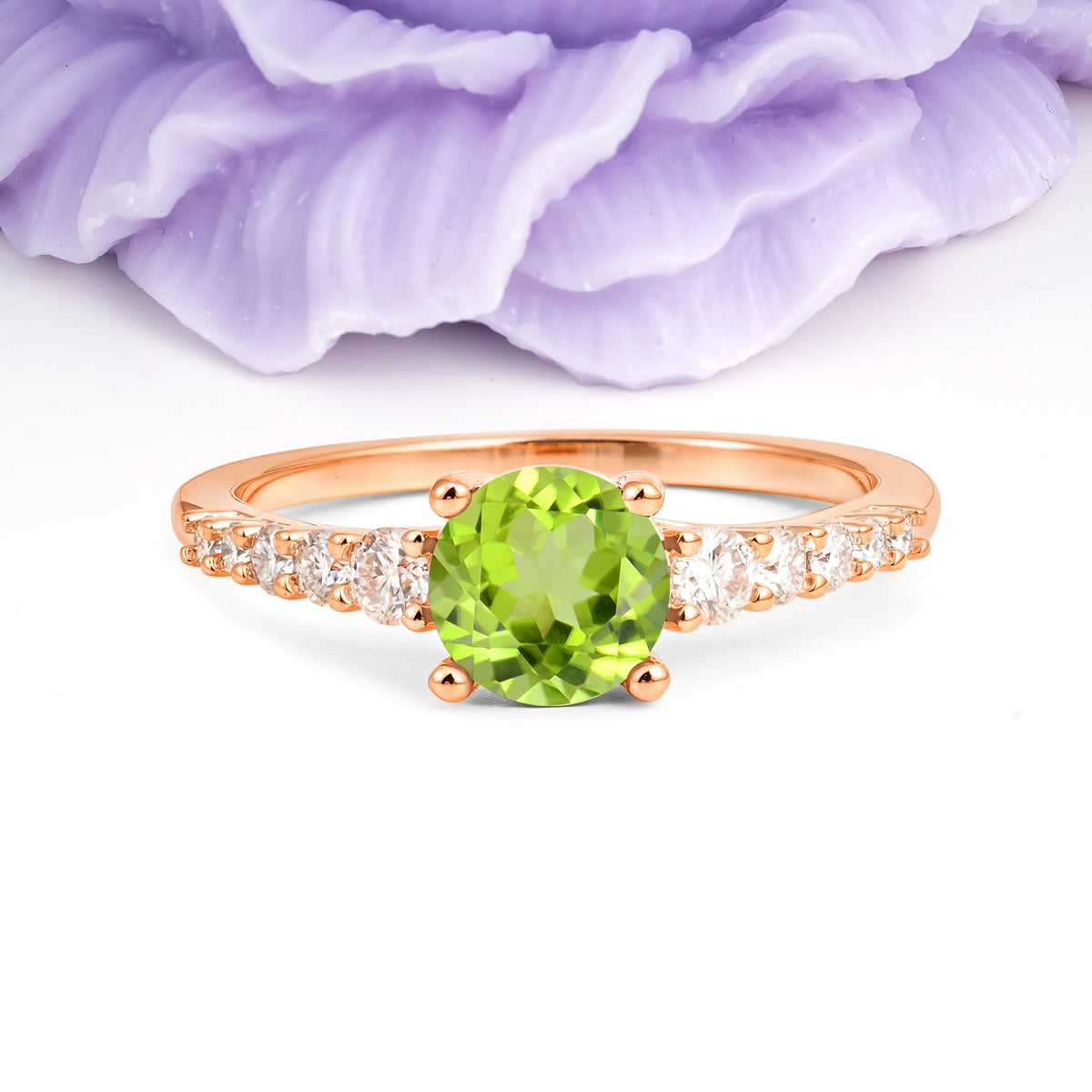 Classic Pavé-Set Ring: Simple 4-Prong Round Cut Peridot Engagement Ring - Additional view