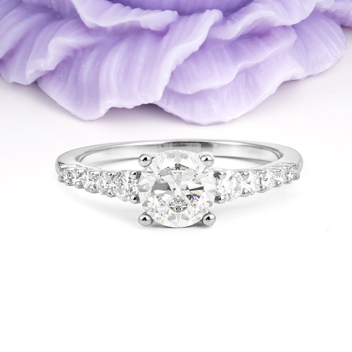 Classic Pavé-Set Ring: Simple 4-Prong Round Cut Moissanite Engagement Ring - Additional view