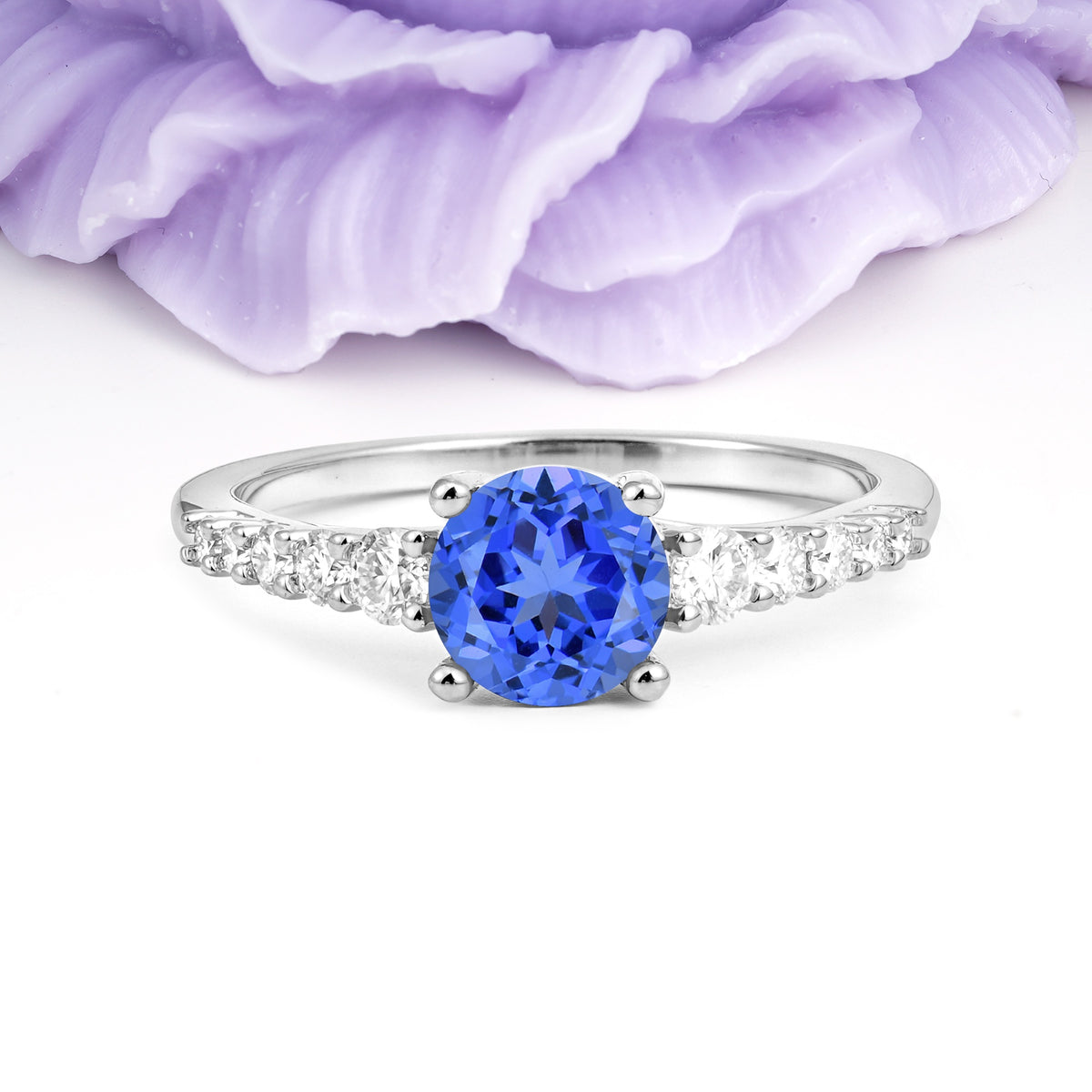 Classic Pavé-Set Ring: Simple 4-Prong Round Cut Sapphire Engagement Ring - Additional view