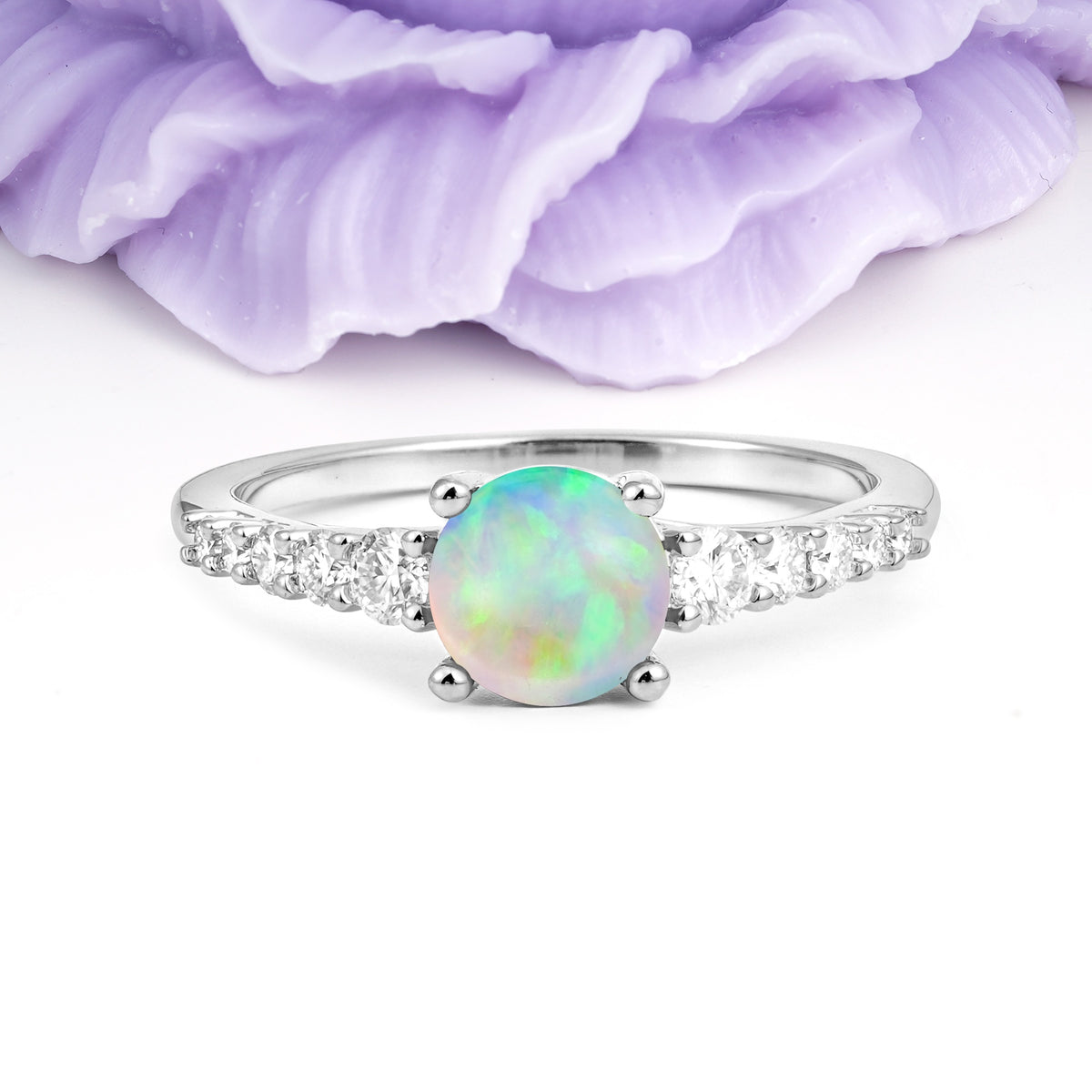 Classic Pavé-Set Ring: Simple 4-Prong Round Cut Fire Opal Engagement Ring - Additional view