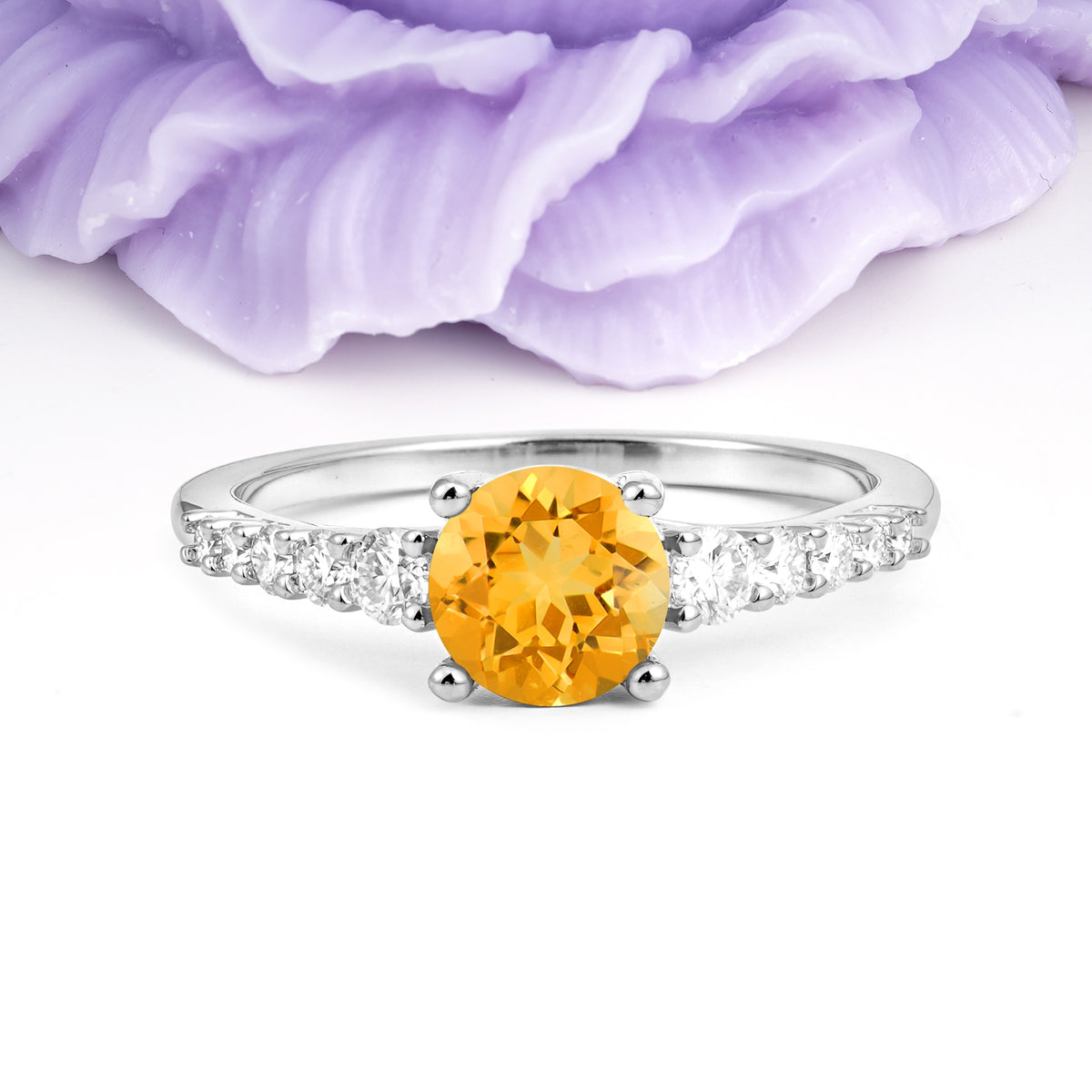 Classic Pavé-Set Ring: Simple 4-Prong Round Cut Citrine Engagement Ring - Additional view