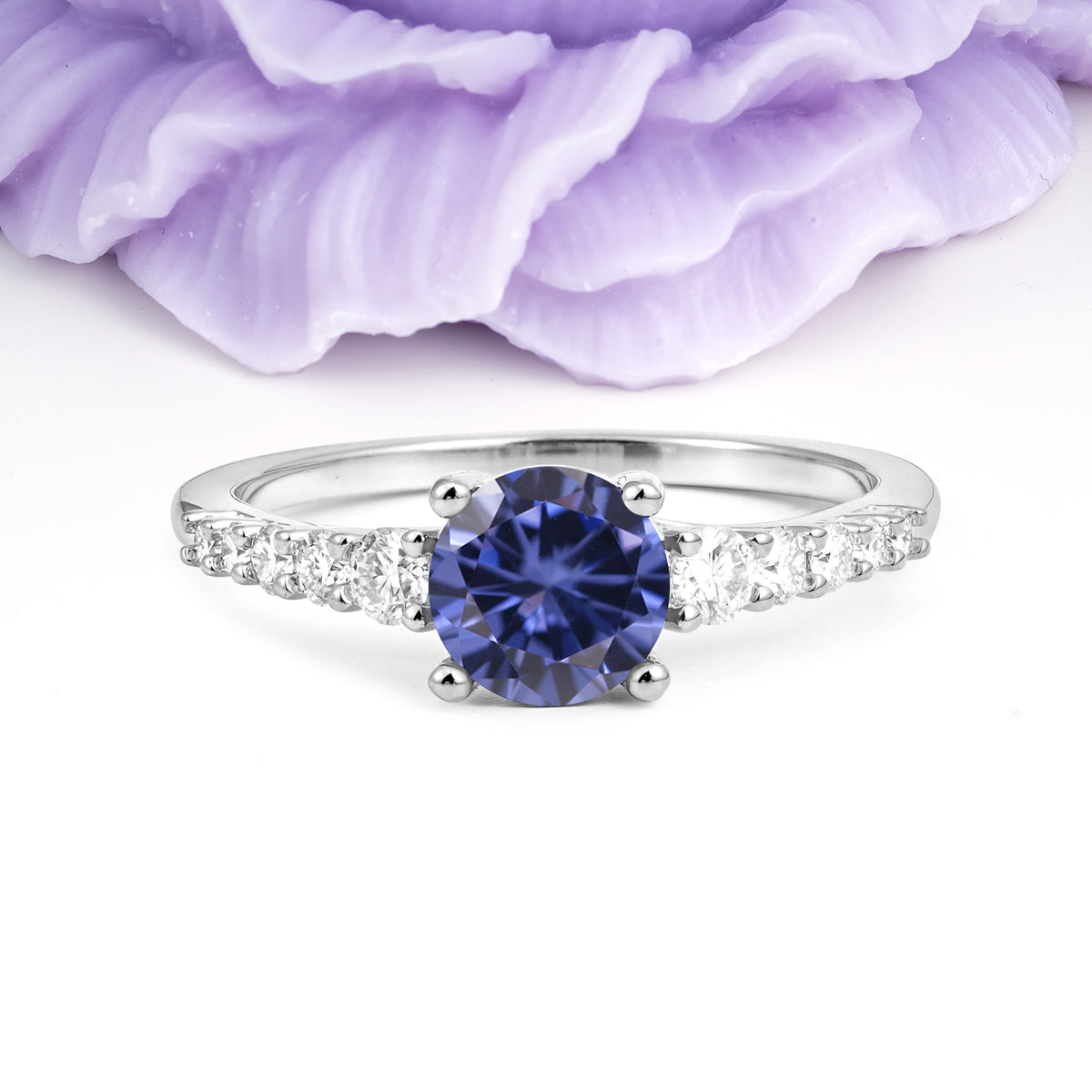 Classic Pavé-Set Ring: Simple 4-Prong Round Cut Tanzanite Engagement Ring - Additional view