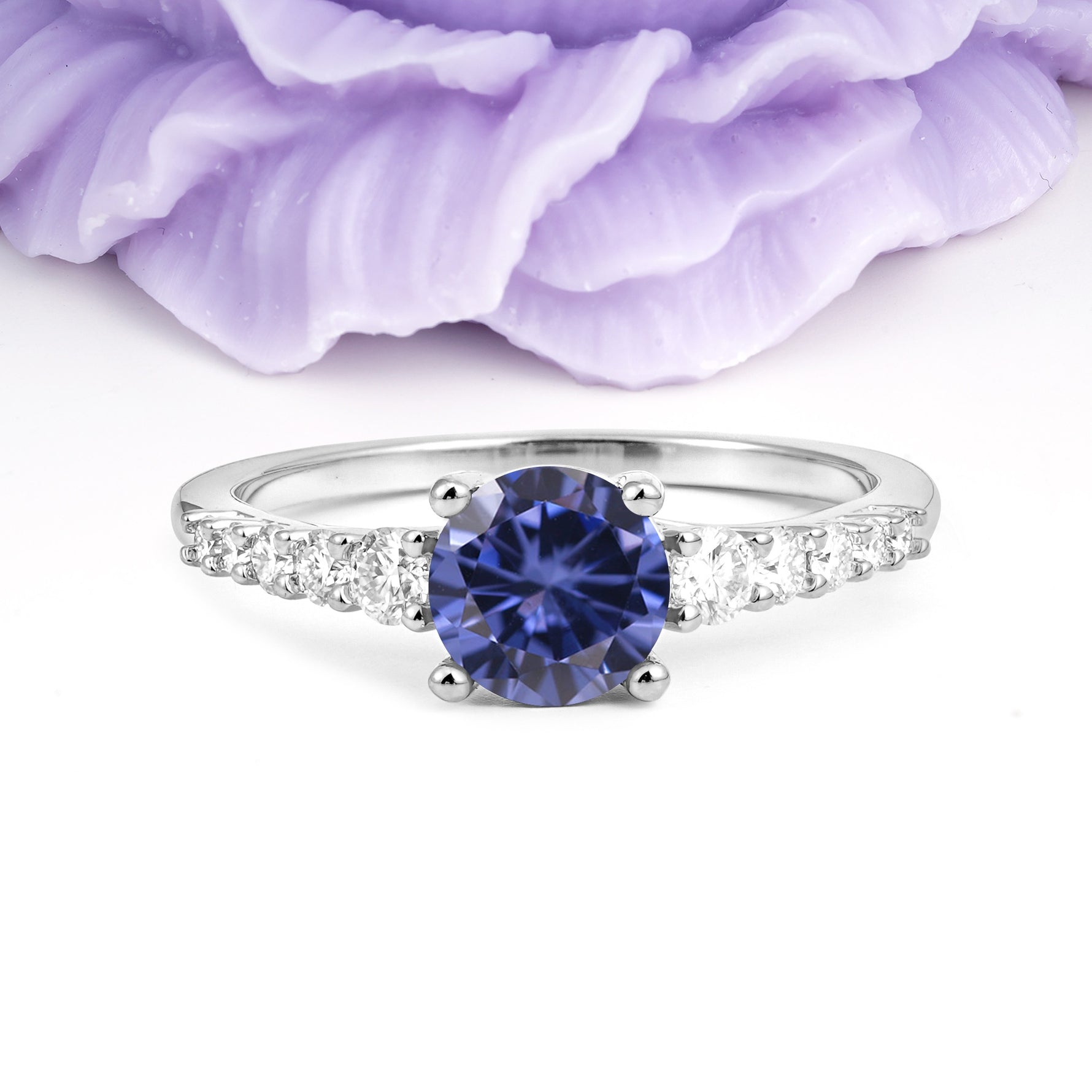 Classic Pavé-Set Ring: Simple 4-Prong Round Cut Tanzanite Engagement Ring - Additional view