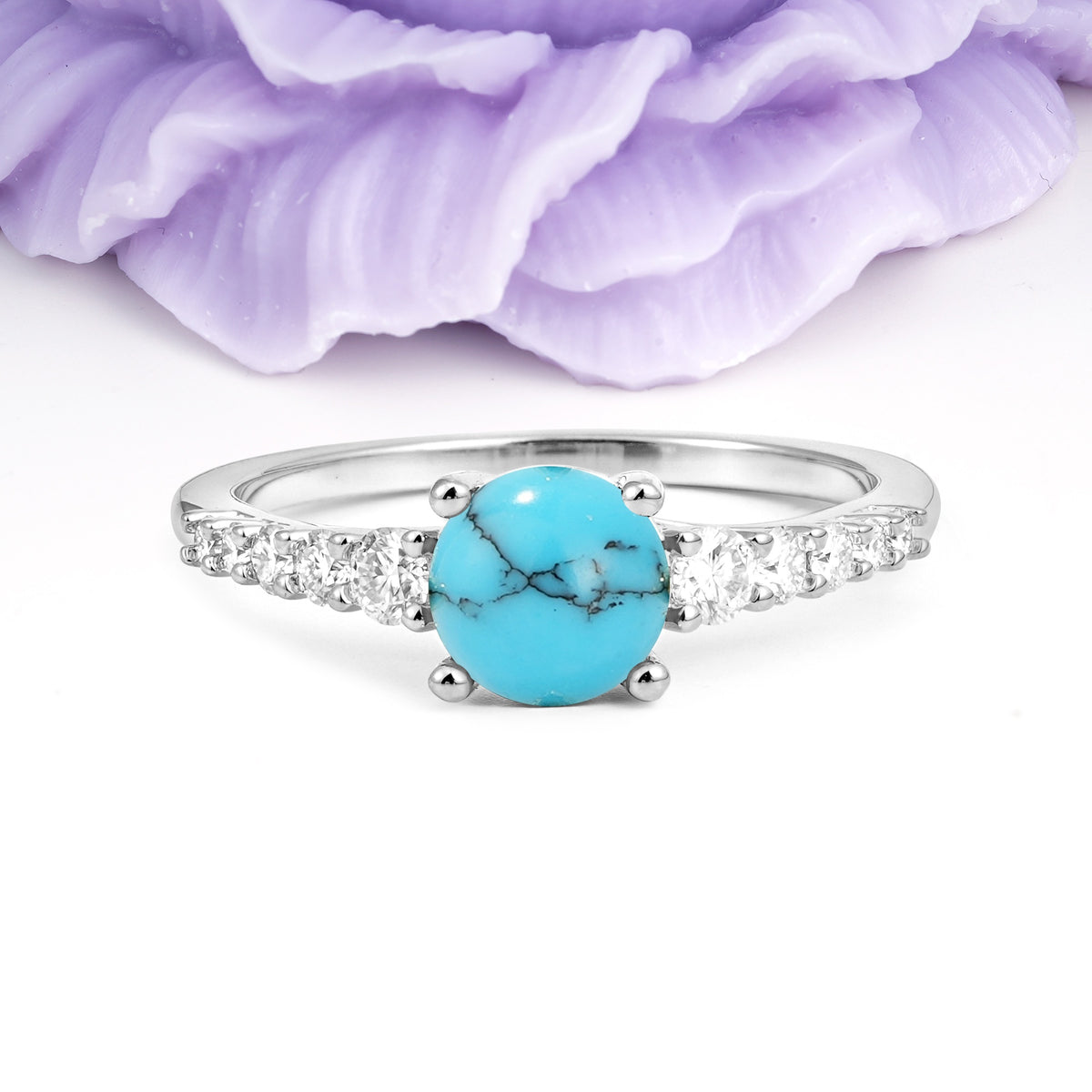 Classic Pavé-Set Ring: Simple 4-Prong Round Cut Turquoise Engagement Ring - Additional view