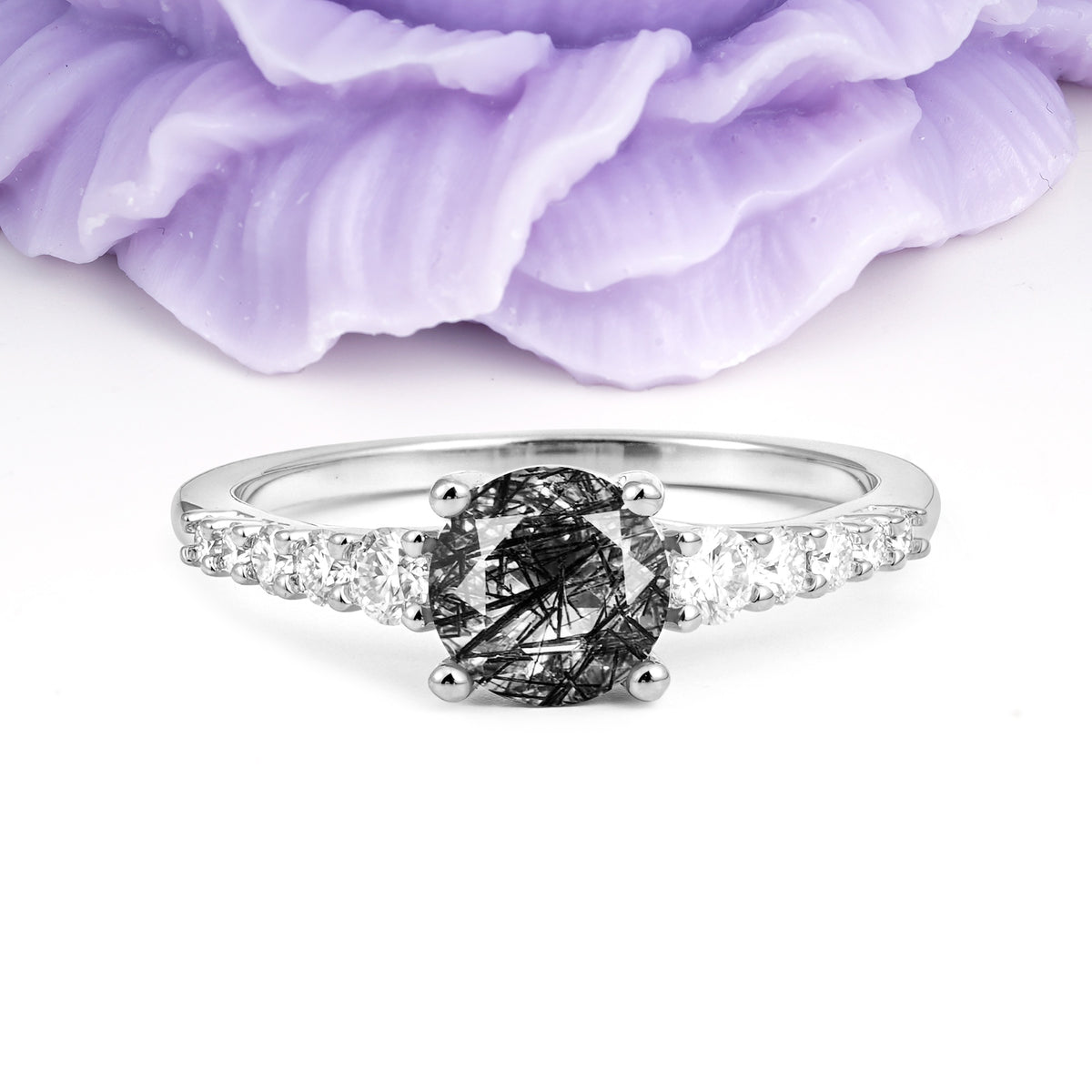 Classic Pavé-Set Ring: Simple 4-Prong Round Cut Black Rutilated Quartz Engagement Ring - Additional view