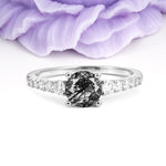 Classic Pavé-Set Ring: Simple 4-Prong Round Cut Black Rutilated Quartz Engagement Ring - Additional view