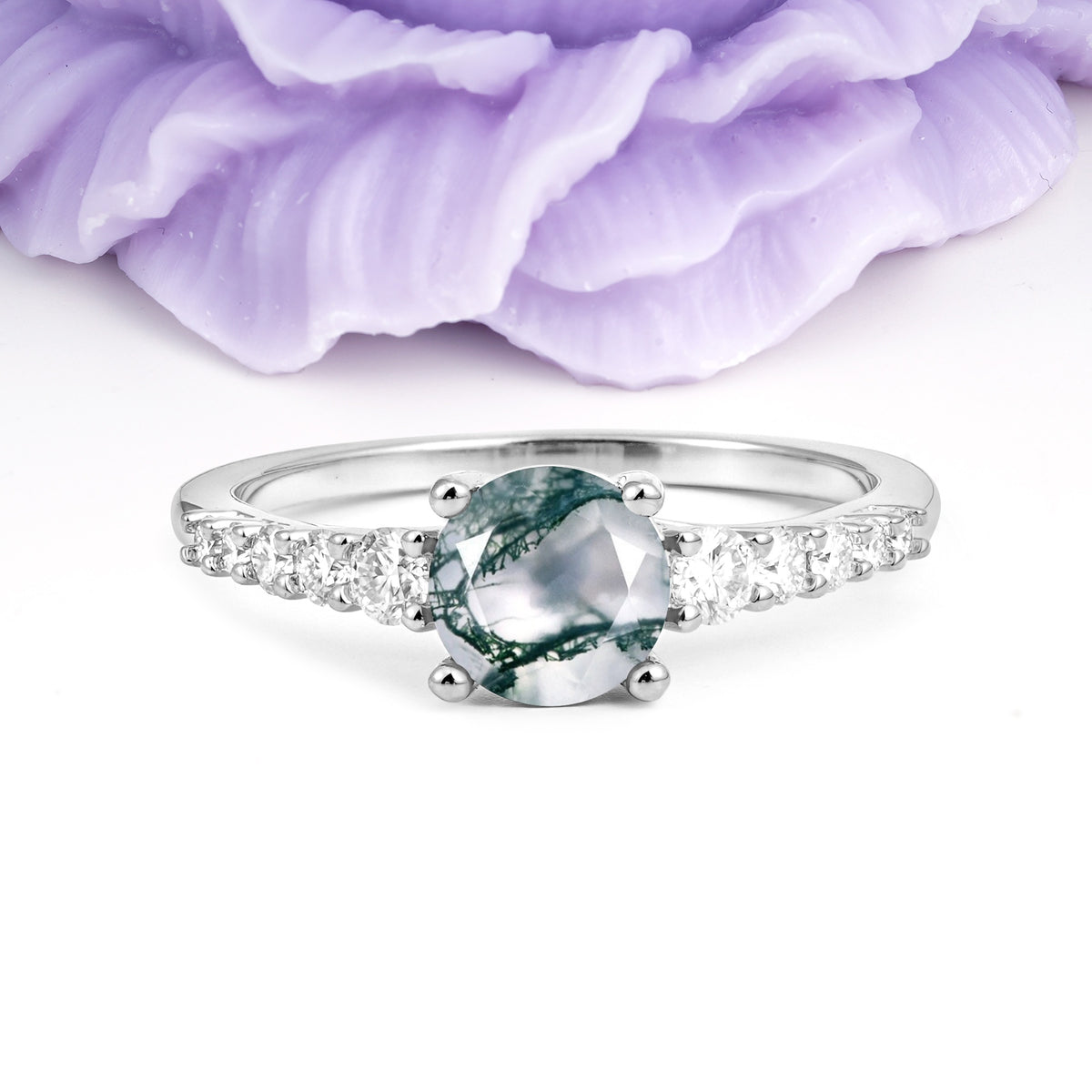 Classic Pavé-Set Ring: Simple 4-Prong Round Cut Moss Agate Engagement Ring - Additional view