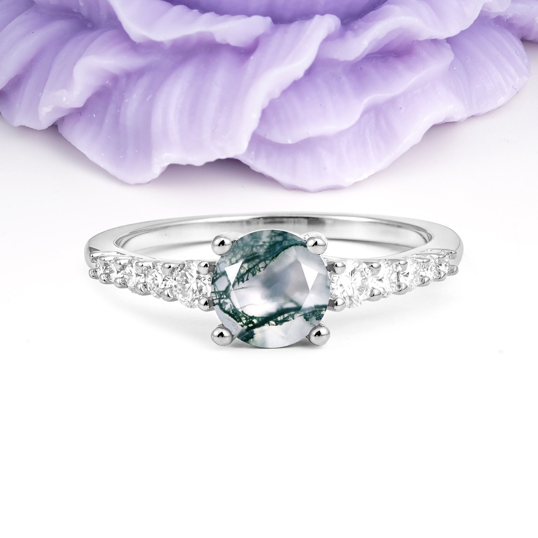 Classic Pavé-Set Ring: Simple 4-Prong Round Cut Moss Agate Engagement Ring - Additional view