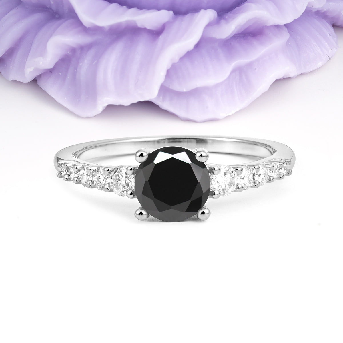 Classic Pavé-Set Ring: Simple 4-Prong Round Cut Black Onyx Engagement Ring - Additional view