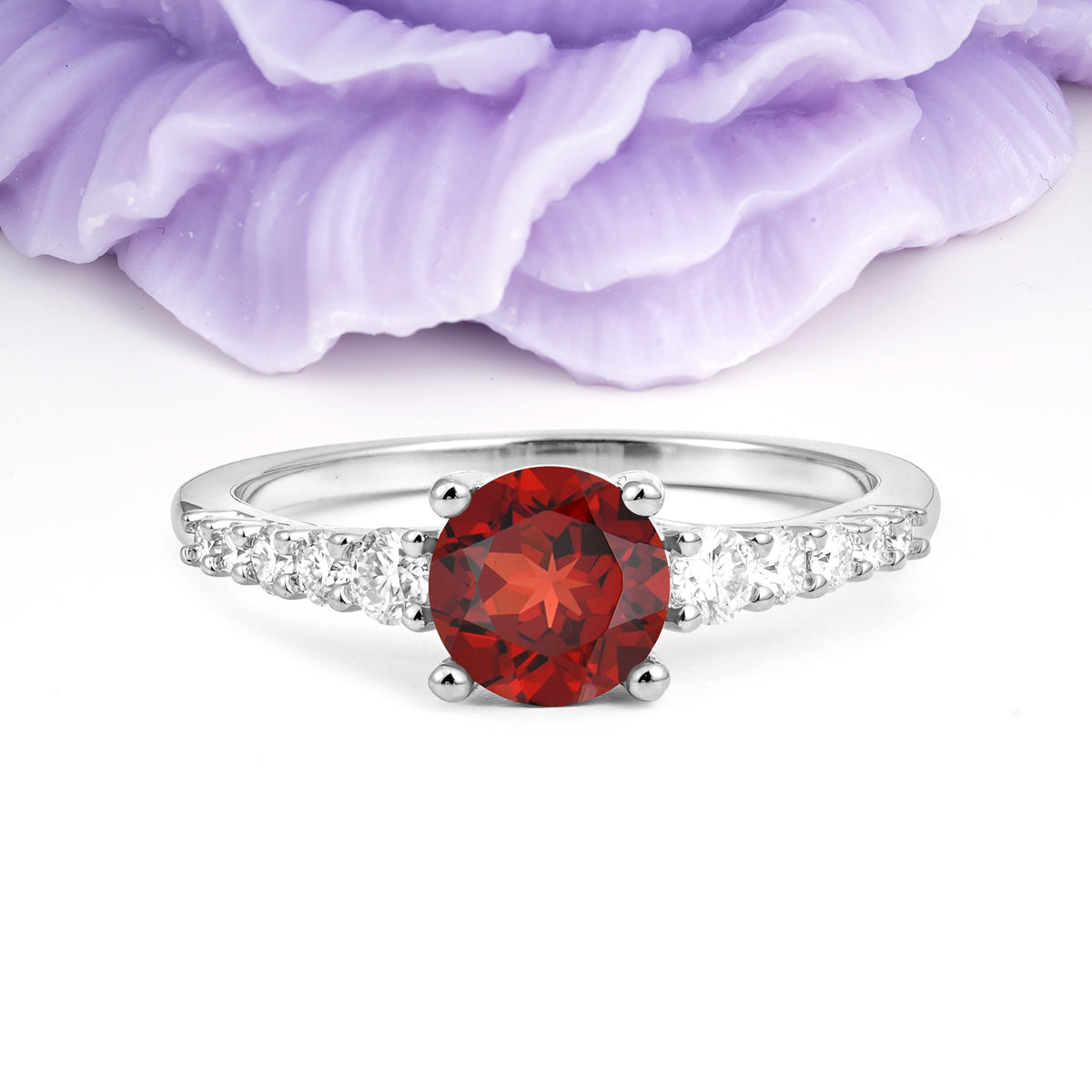 Classic Pavé-Set Ring: Simple 4-Prong Round Cut Garnet Engagement Ring - Additional view