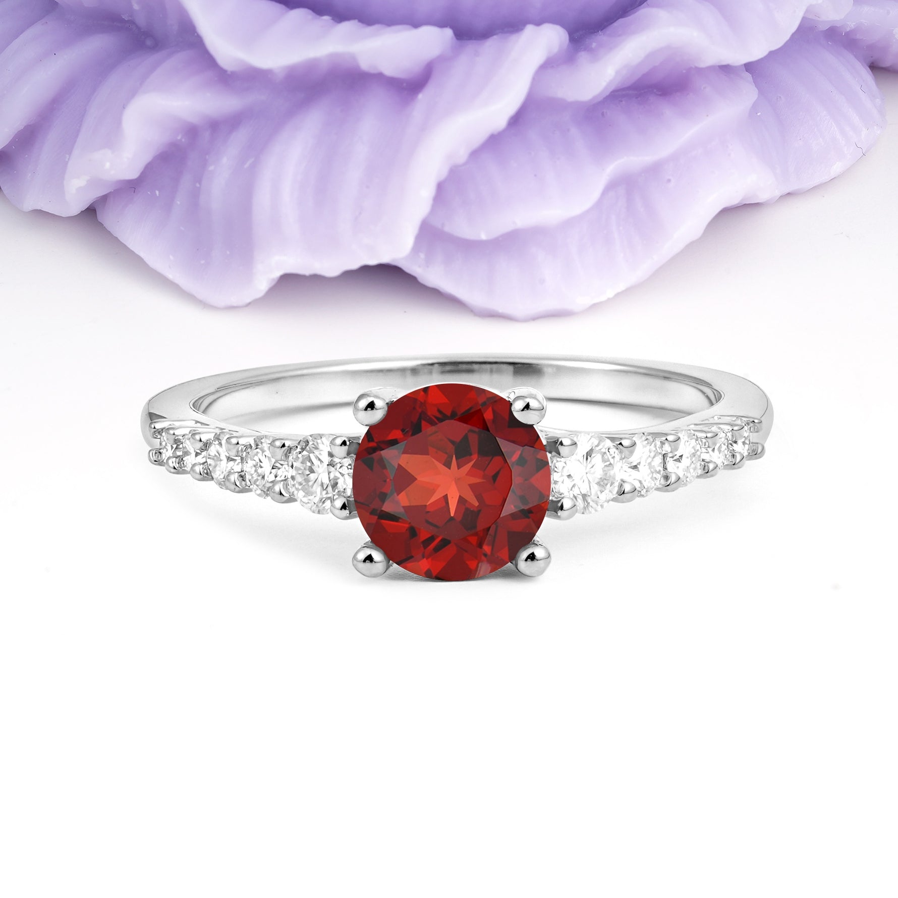Classic Pavé-Set Ring: Simple 4-Prong Round Cut Garnet Engagement Ring - Additional view