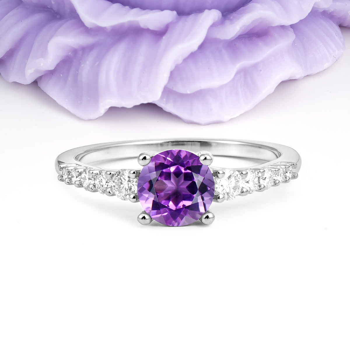 Classic Pavé-Set Ring: Simple 4-Prong Round Cut Amethyst Engagement Ring - Additional view