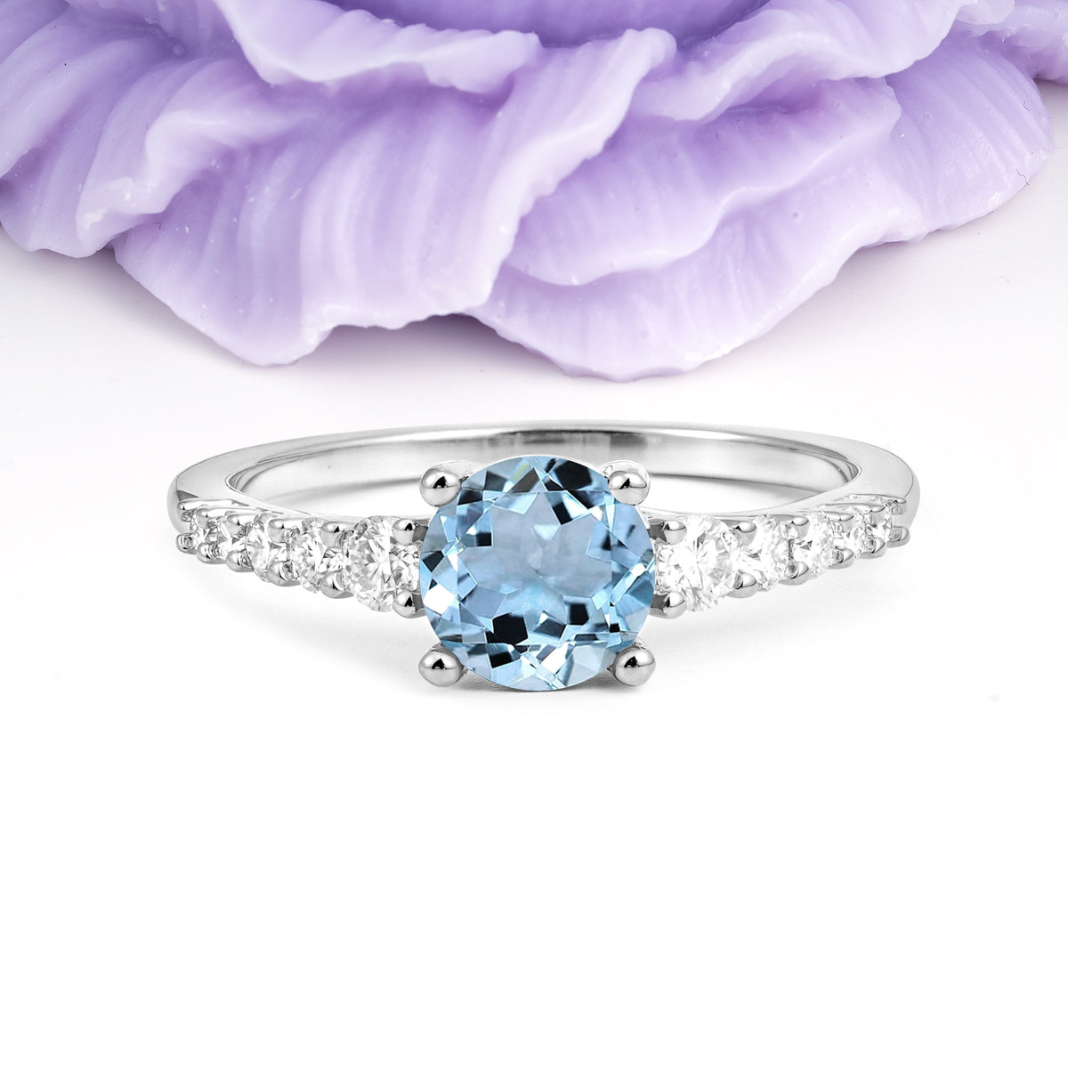 Classic Pavé-Set Ring: Simple 4-Prong Round Cut Aquamarine Engagement Ring - Additional view