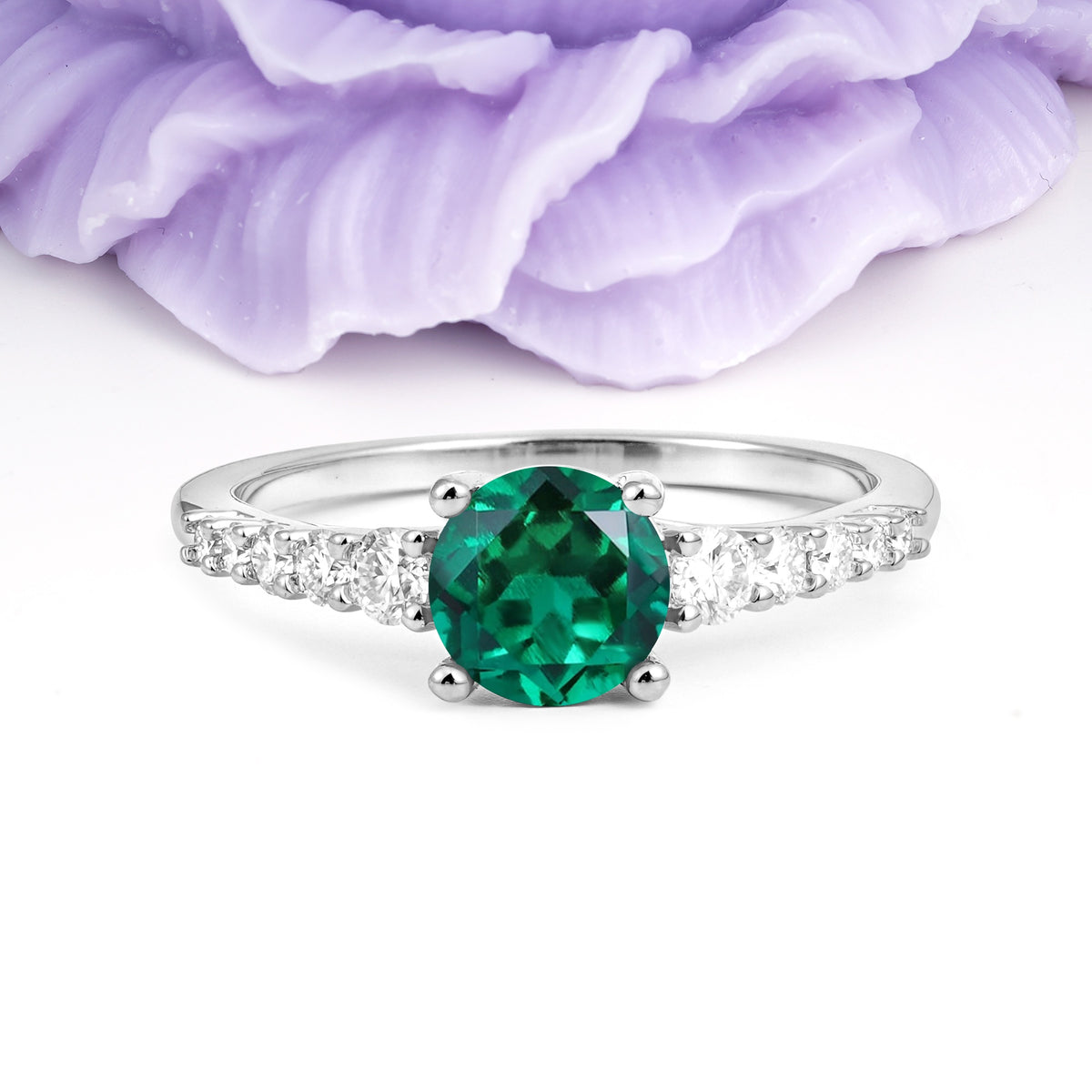 Classic Pavé-Set Ring: Simple 4-Prong Round Cut Emerald Engagement Ring - Additional view