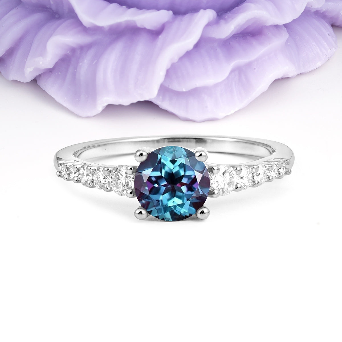 Classic Pavé-Set Ring: Simple 4-Prong Round Cut Alexandrite Engagement Ring - Additional view
