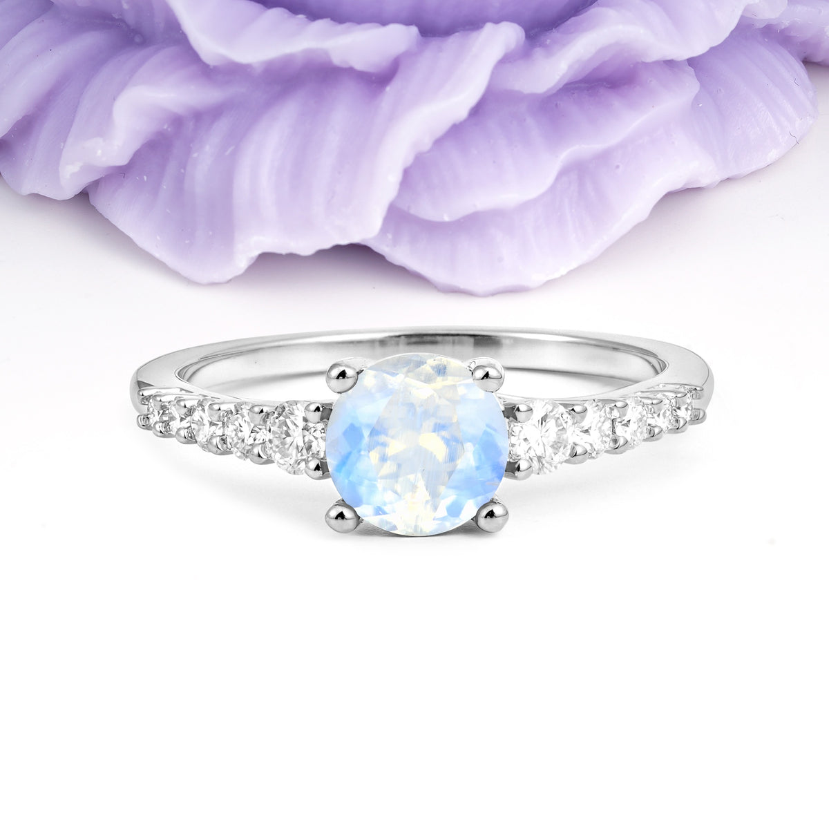 Classic Pavé-Set Ring: Simple 4-Prong Round Cut Moonstone Engagement Ring - Additional view