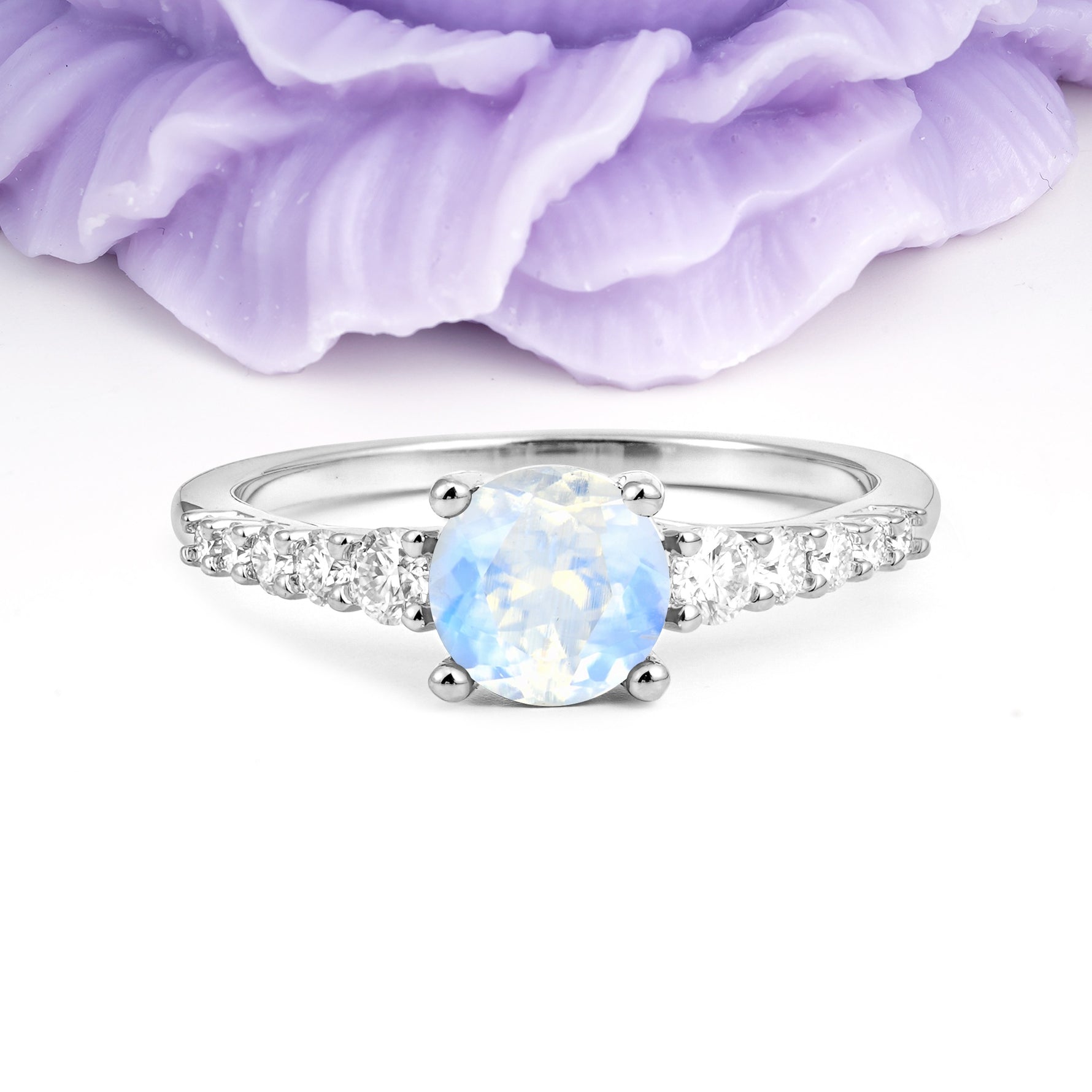 Classic Pavé-Set Ring: Simple 4-Prong Round Cut Moonstone Engagement Ring - Additional view