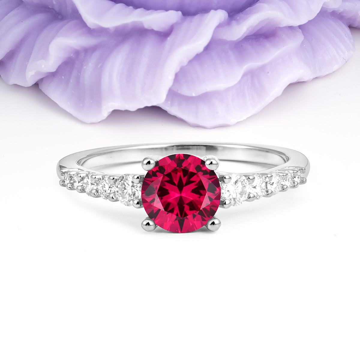 Classic Pavé-Set Ring: Simple 4-Prong Round Cut Ruby Engagement Ring - Additional view