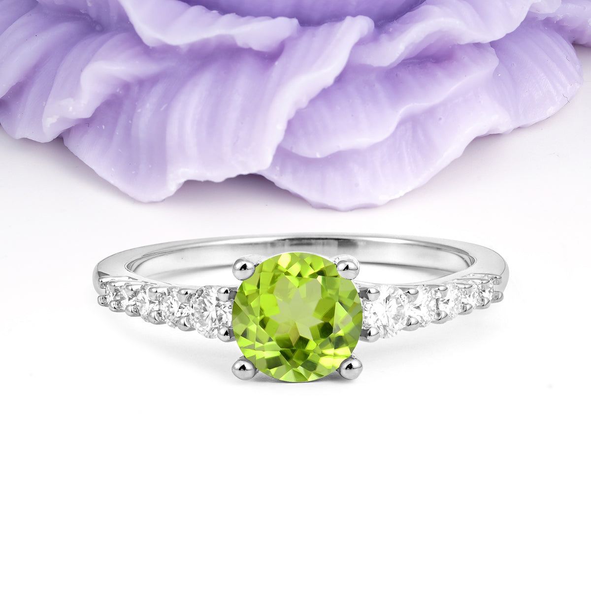 Classic Pavé-Set Ring: Simple 4-Prong Round Cut Peridot Engagement Ring - Additional view