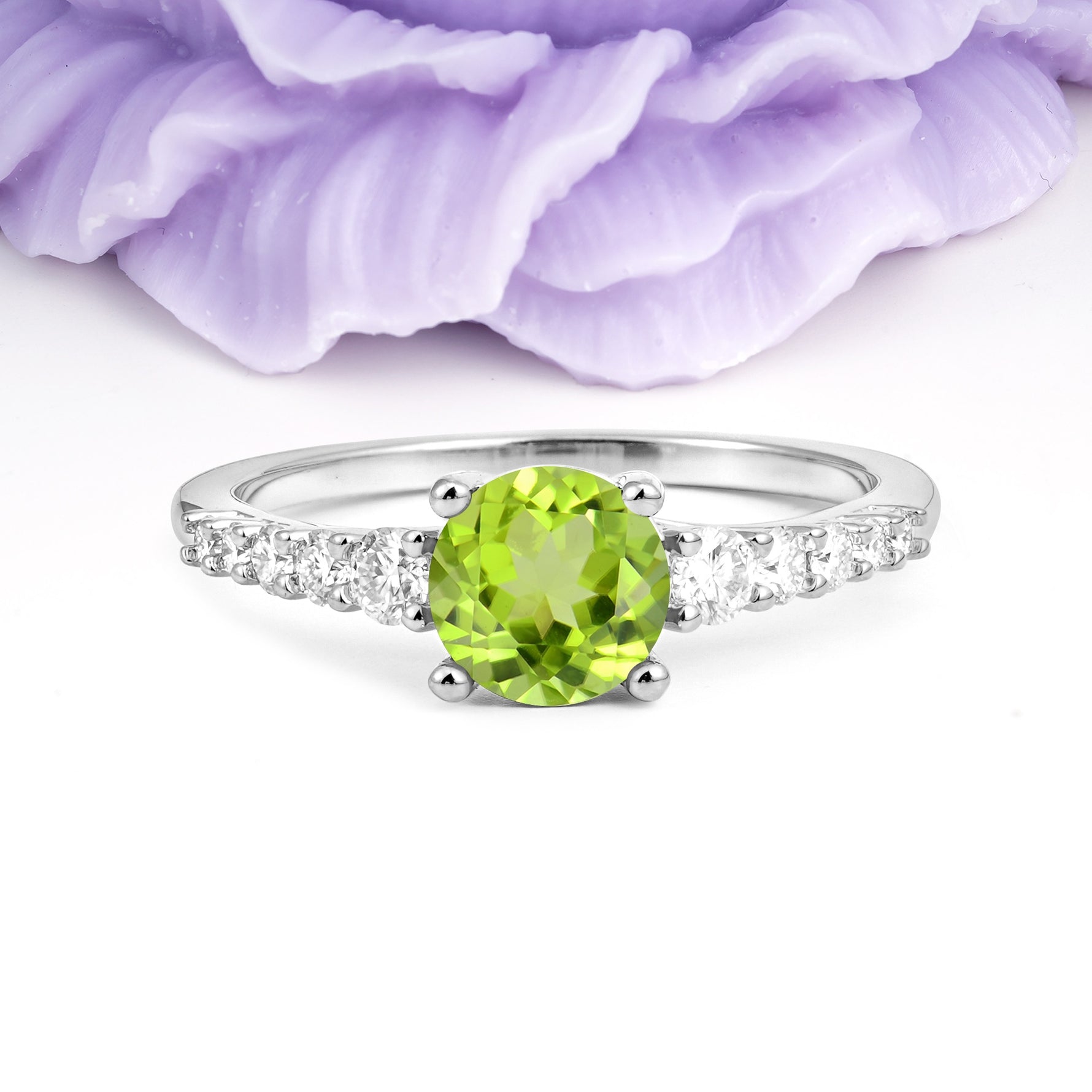 Classic Pavé-Set Ring: Simple 4-Prong Round Cut Peridot Engagement Ring - Additional view