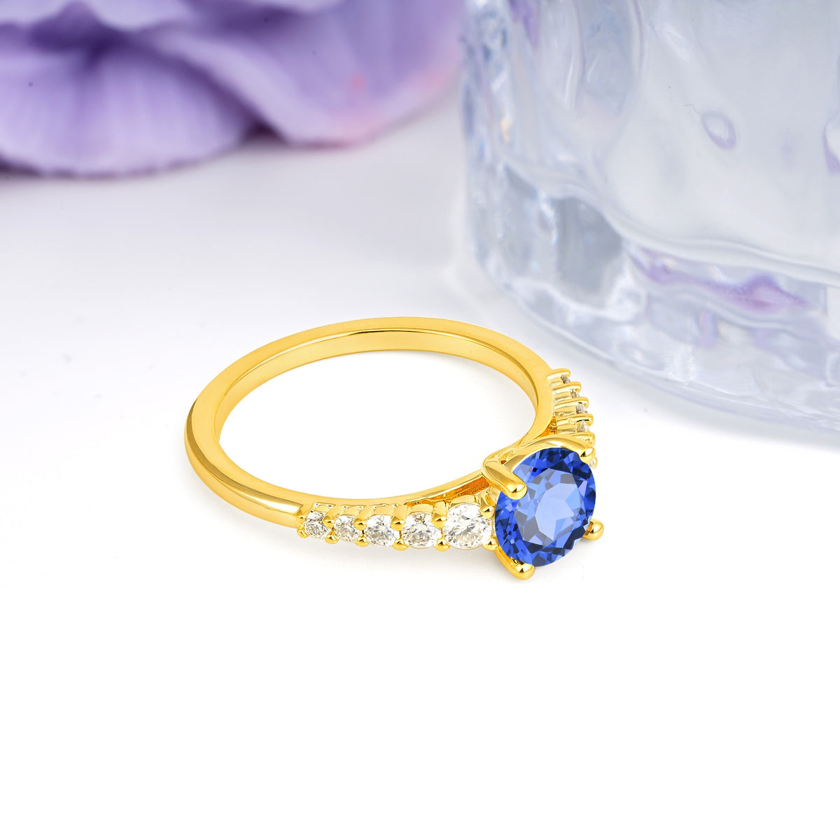 Classic Pavé-Set Ring: Simple 4-Prong Round Cut Sapphire Engagement Ring - Additional view