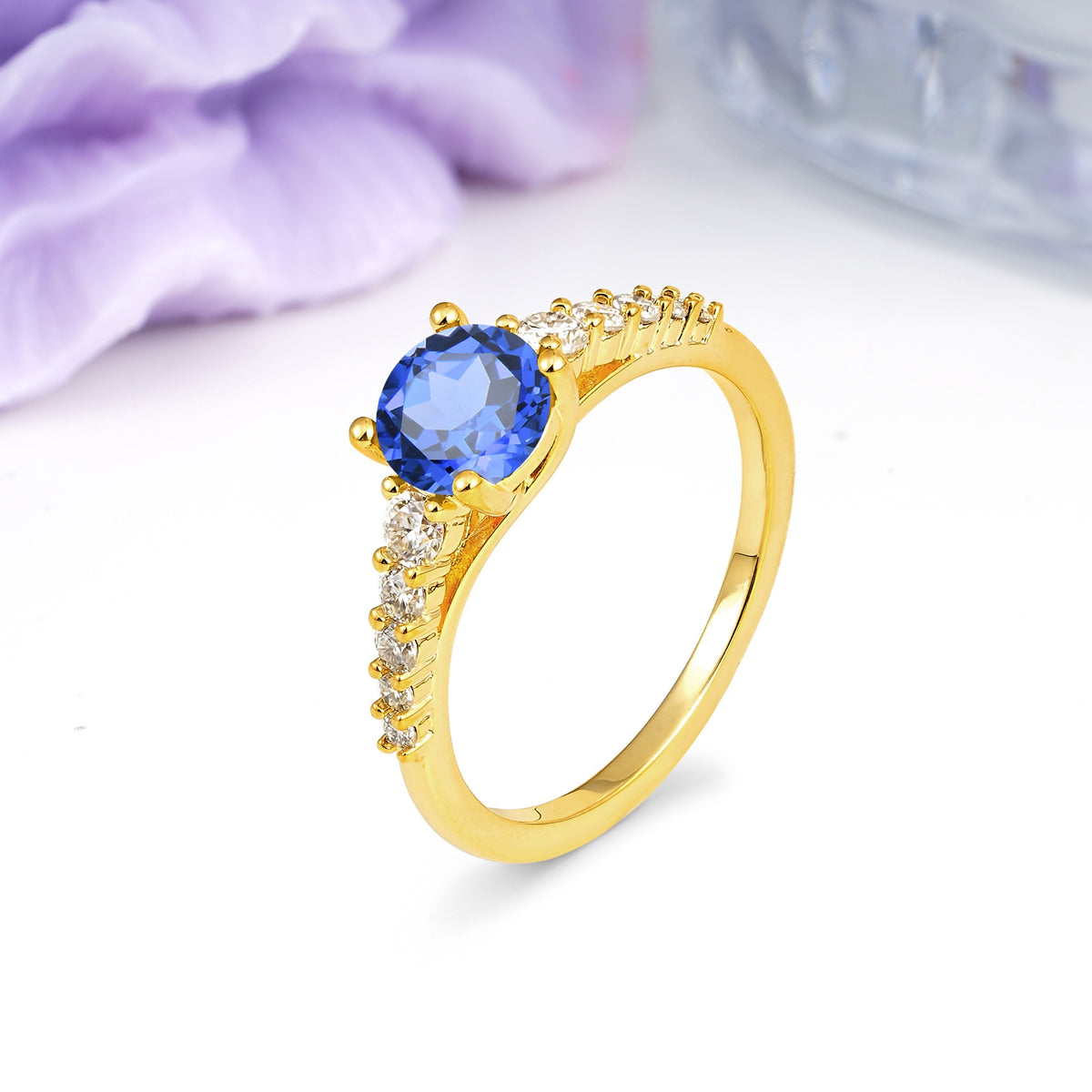 Classic Pavé-Set Ring: Simple 4-Prong Round Cut Sapphire Engagement Ring - Additional view