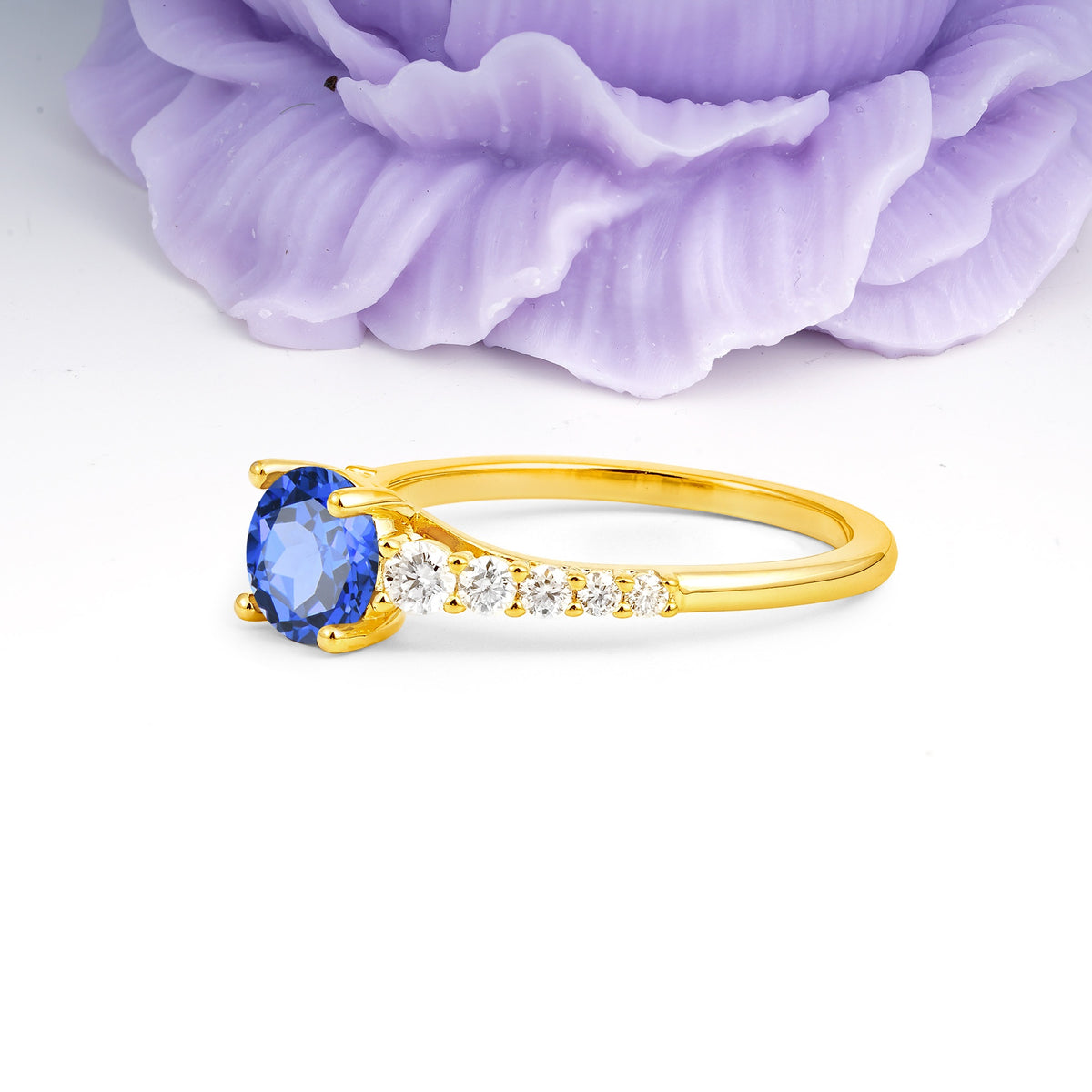 Classic Pavé-Set Ring: Simple 4-Prong Round Cut Sapphire Engagement Ring - Additional view