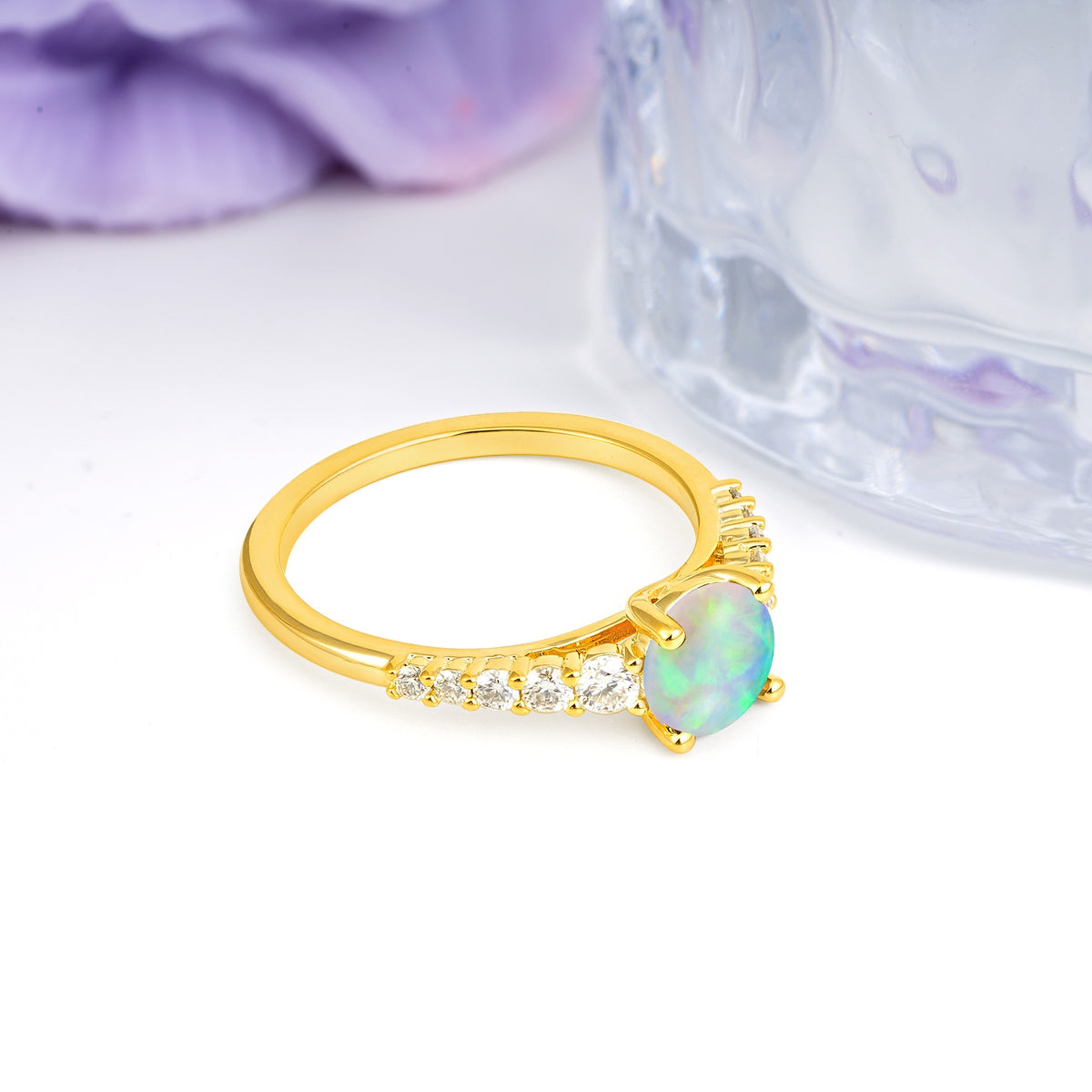Classic Pavé-Set Ring: Simple 4-Prong Round Cut Fire Opal Engagement Ring - Additional view