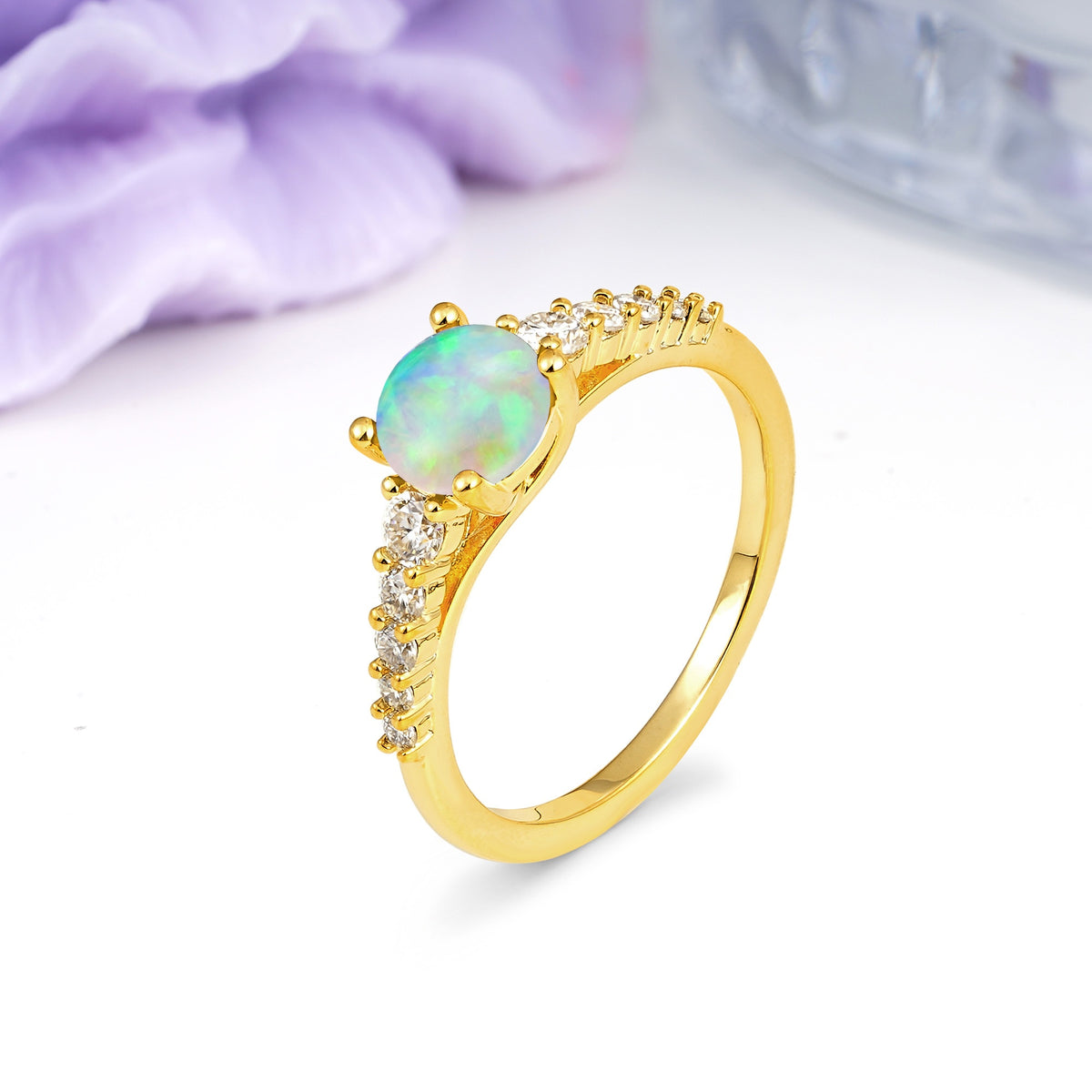 Classic Pavé-Set Ring: Simple 4-Prong Round Cut Fire Opal Engagement Ring - Additional view