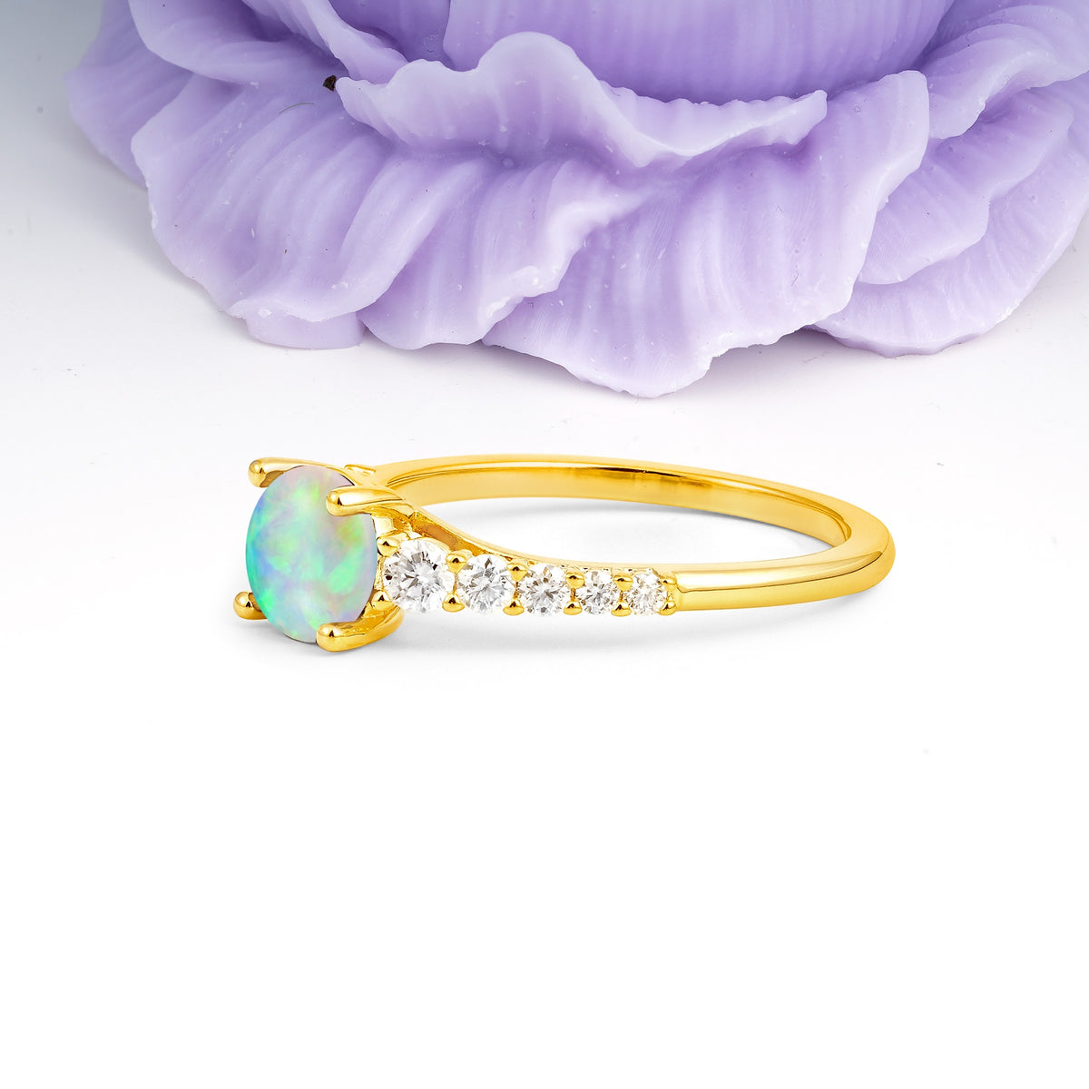 Classic Pavé-Set Ring: Simple 4-Prong Round Cut Fire Opal Engagement Ring - Additional view