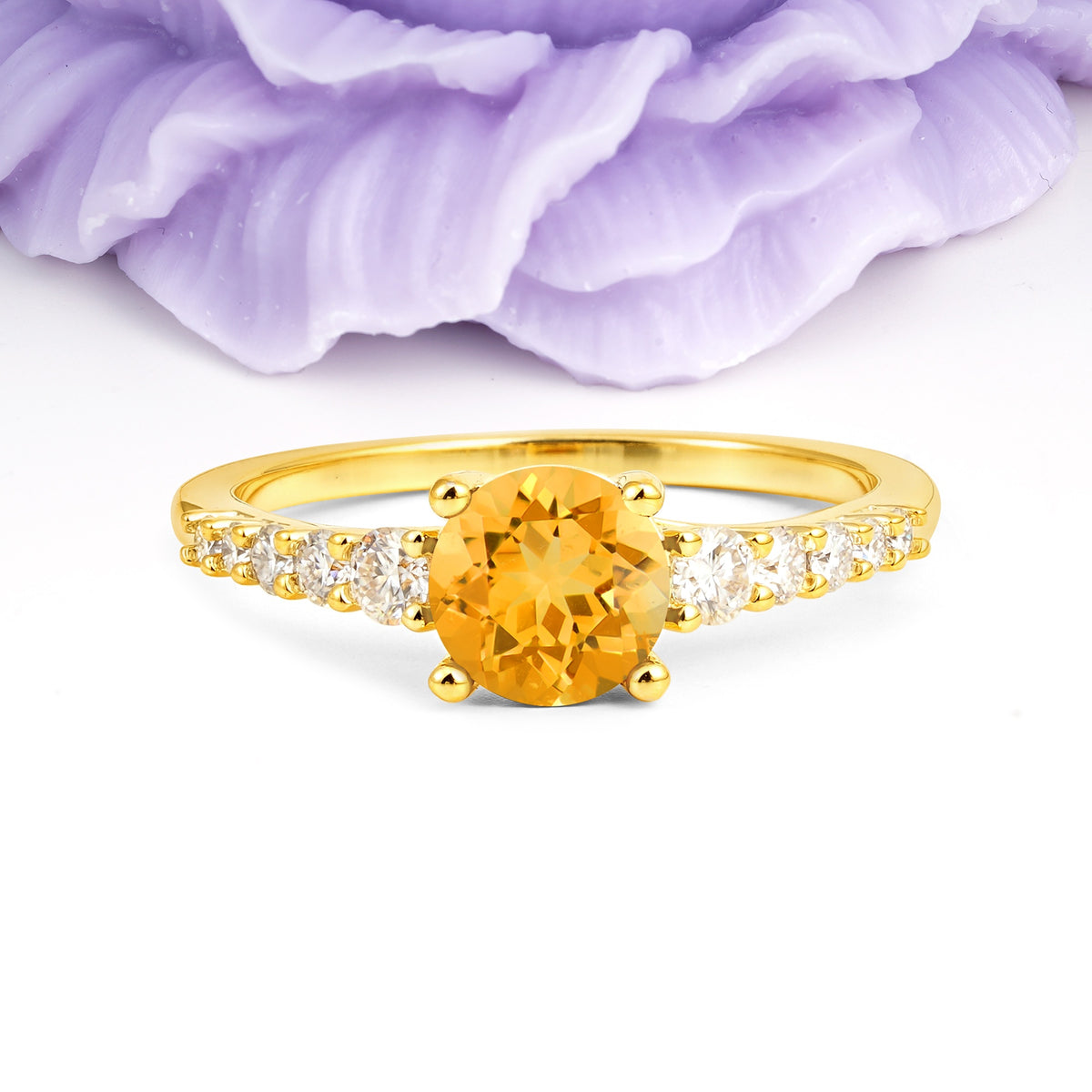 Classic Pavé-Set Ring: Simple 4-Prong Round Cut Citrine Engagement Ring - Additional view