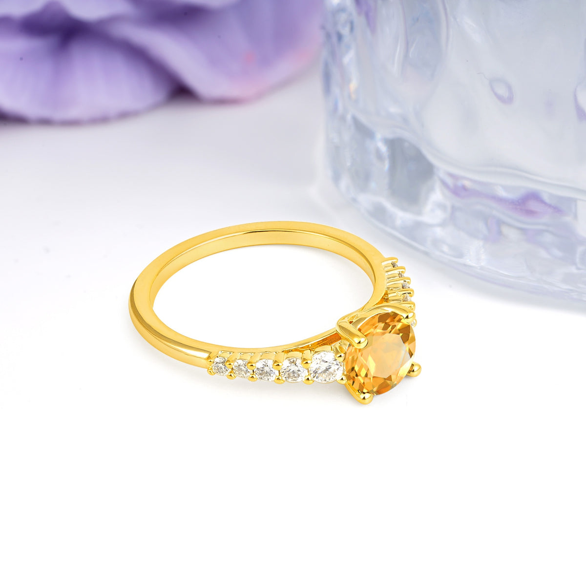 Classic Pavé-Set Ring: Simple 4-Prong Round Cut Citrine Engagement Ring - Additional view