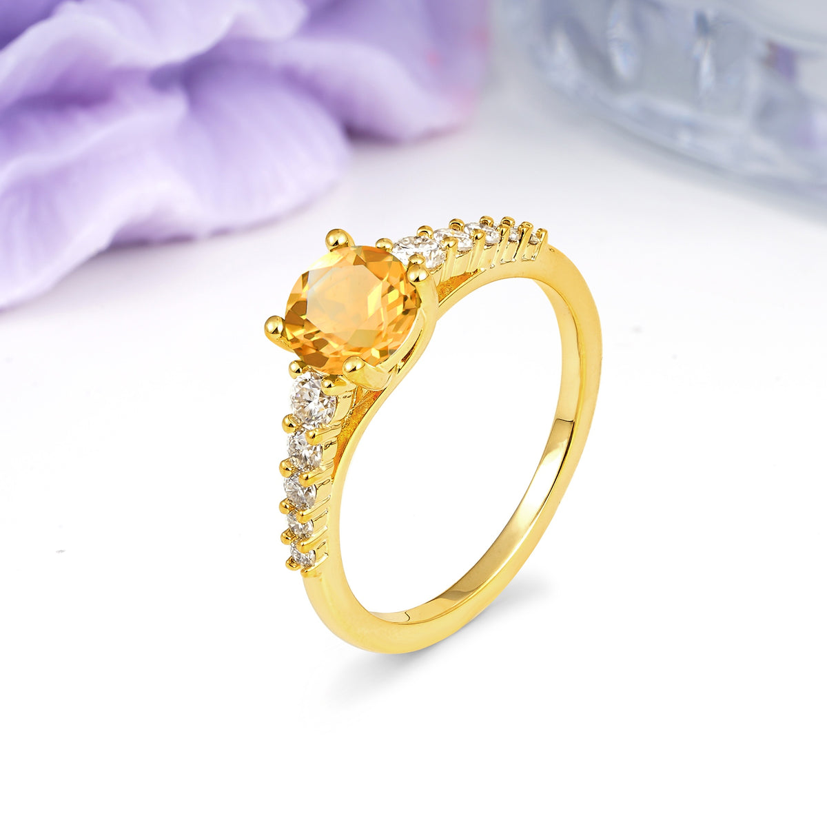 Classic Pavé-Set Ring: Simple 4-Prong Round Cut Citrine Engagement Ring - Additional view