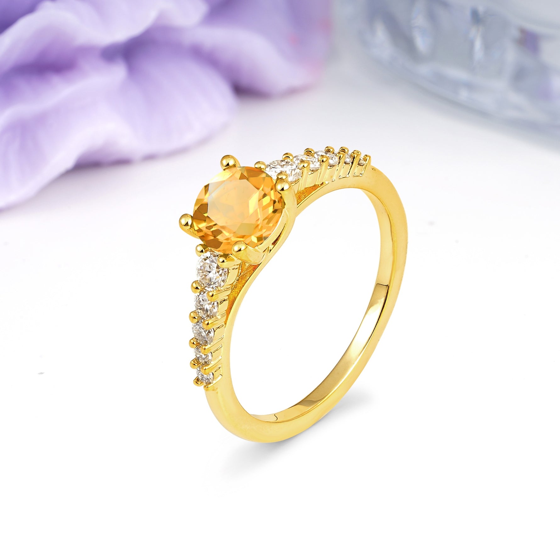 Classic Pavé-Set Ring: Simple 4-Prong Round Cut Citrine Engagement Ring - Additional view