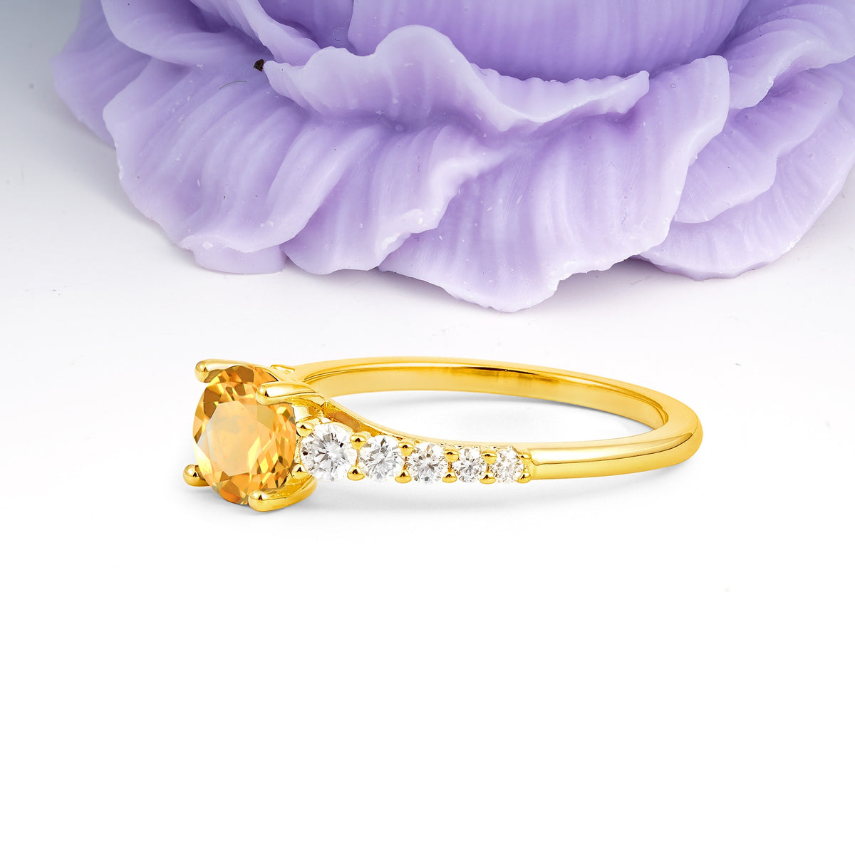 Classic Pavé-Set Ring: Simple 4-Prong Round Cut Citrine Engagement Ring - Additional view