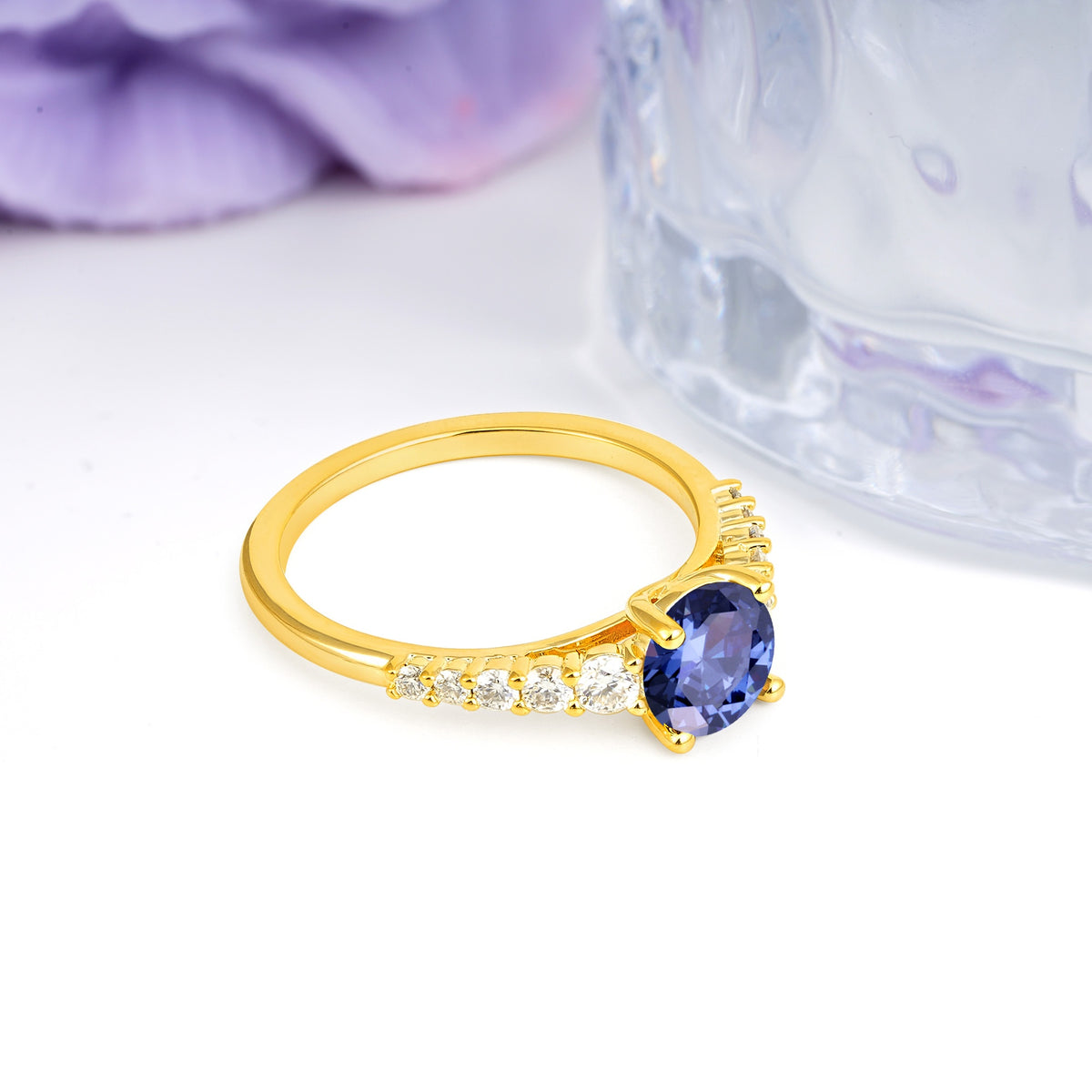 Classic Pavé-Set Ring: Simple 4-Prong Round Cut Tanzanite Engagement Ring - Additional view