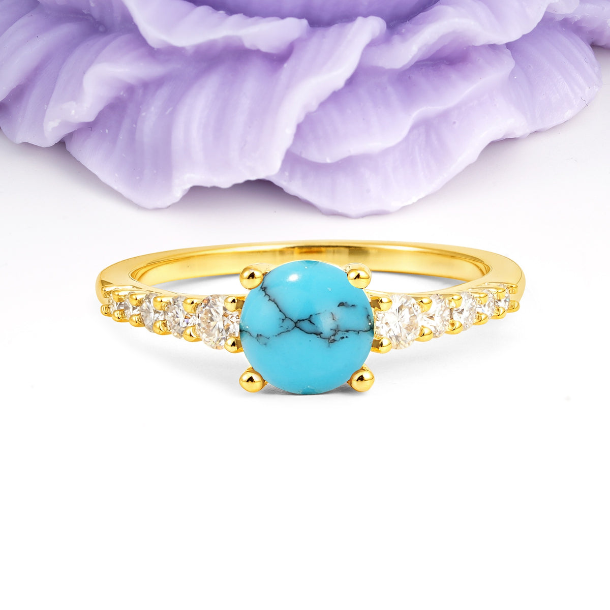 Classic Pavé-Set Ring: Simple 4-Prong Round Cut Turquoise Engagement Ring - Additional view