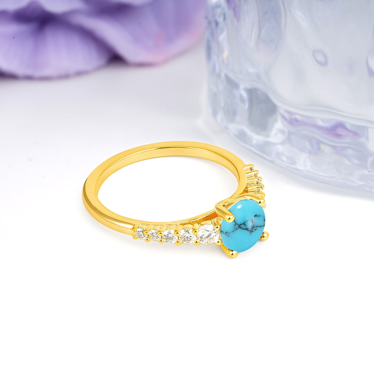 Classic Pavé-Set Ring: Simple 4-Prong Round Cut Turquoise Engagement Ring - Additional view