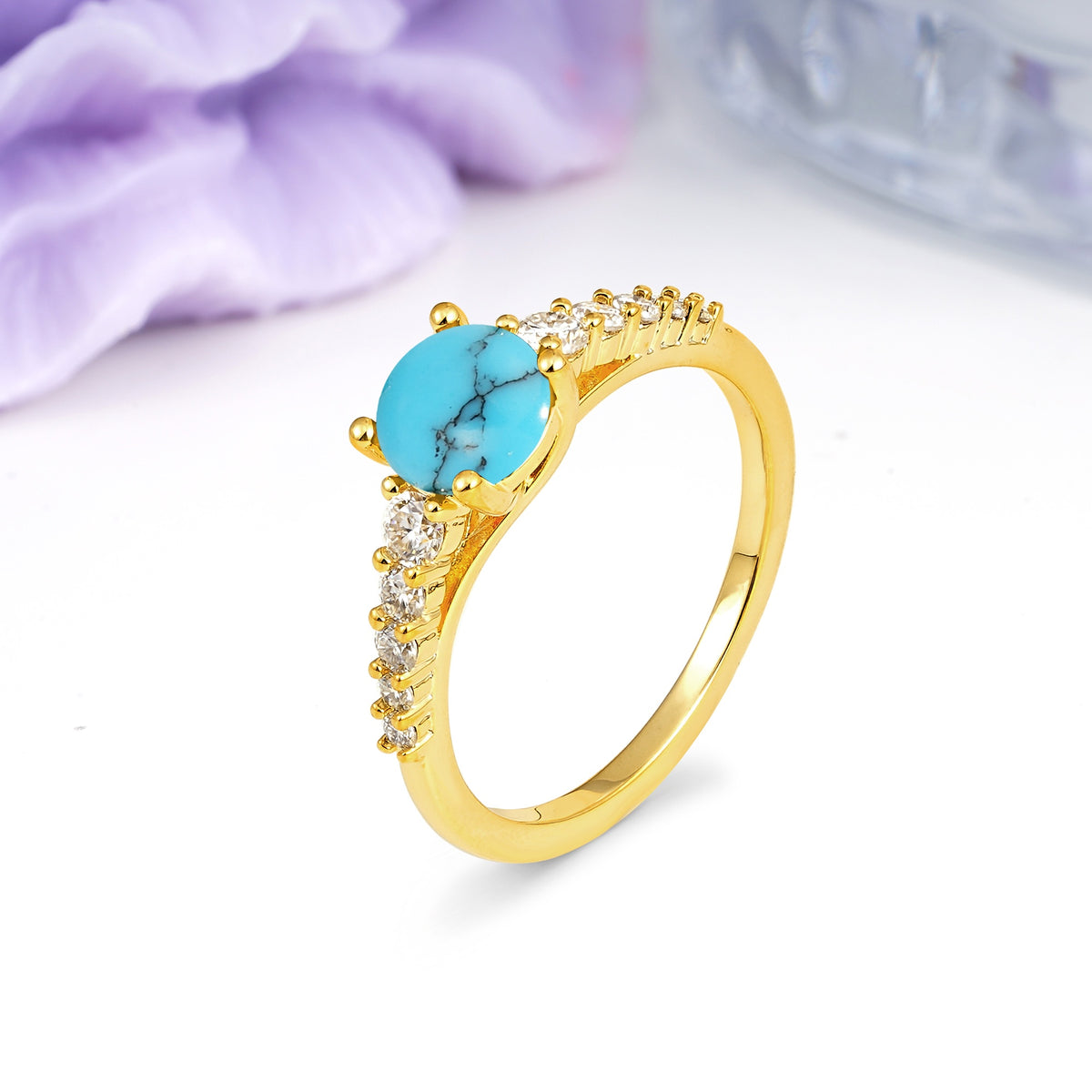 Classic Pavé-Set Ring: Simple 4-Prong Round Cut Turquoise Engagement Ring - Additional view